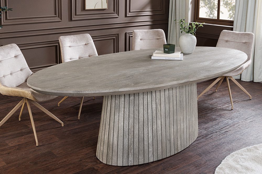 riess-ambiente Esstisch ART DECO 220cm smoke grau - Mangoholz, Säulengestell, Rillenstruktur (Einzelartikel, 1-St), Massivholz Konferenztisch für 8 Personen - ideal für Wohn- & Esszimmer