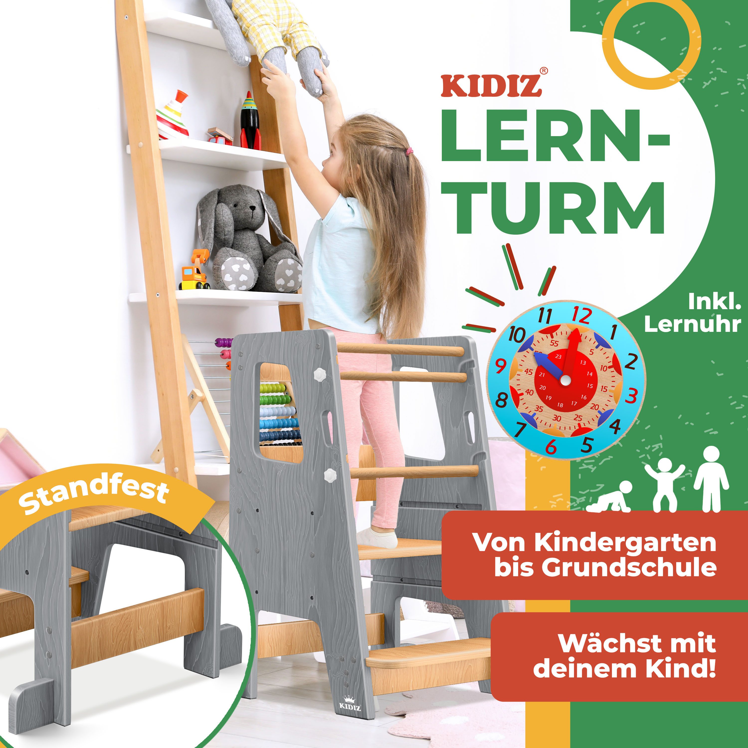 KIDIZ Stehhilfe (Tritthocker inklusive Lernuhr & abnehmbarer Anti-Kipp-Schutz), 3-stufig Höhenverstellbar, spielerisch motorische Fähigkeiten fördern