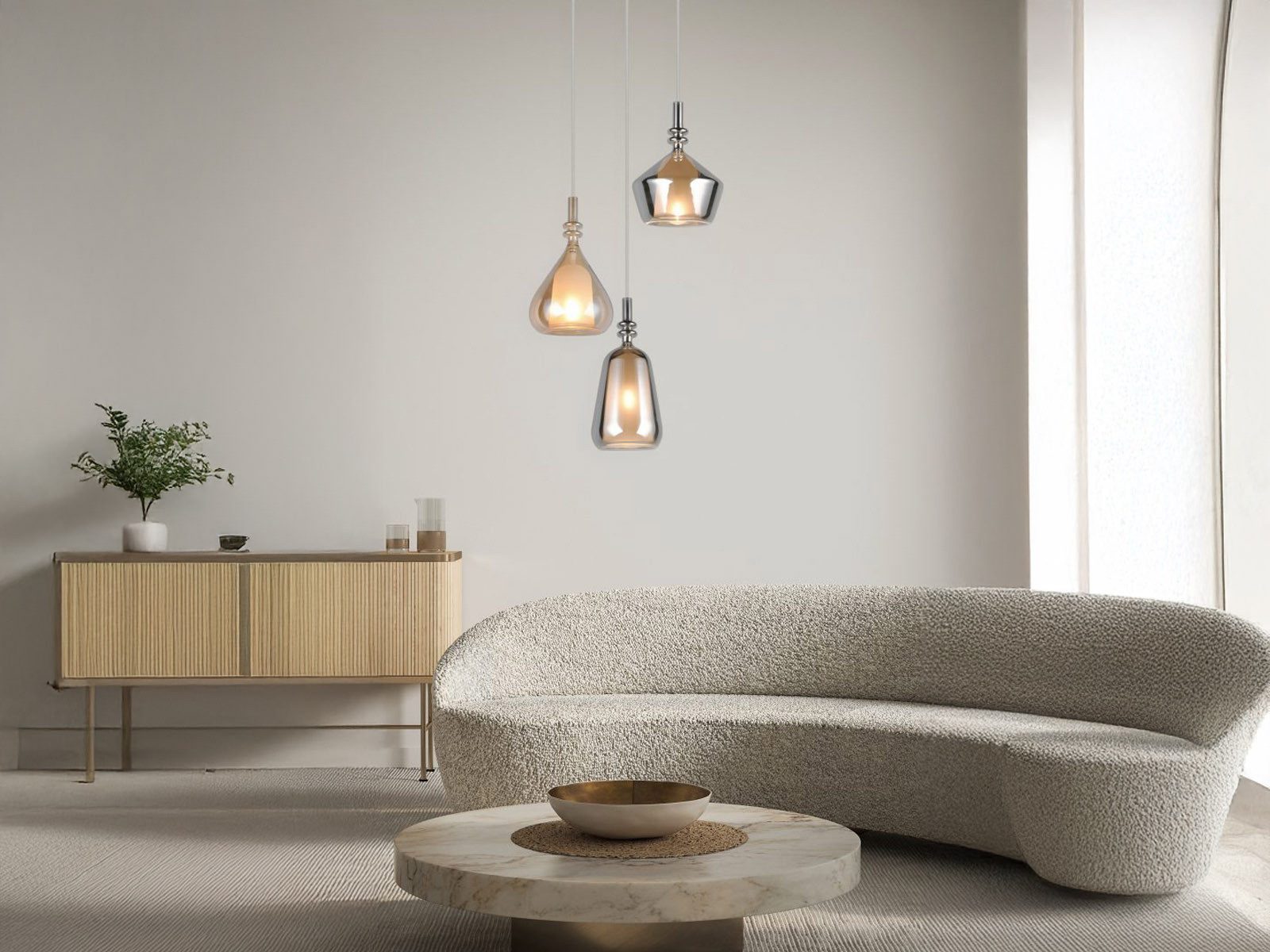 TRIO Leuchten LED Pendelleuchte dreiflammig Lampenschirme Glas Ø 35cm, dimmbar, LED wechselbar, warmweiß, Cluster Hängelampe lang für hohe Decken hängend Esstis – Bild 5 von 5