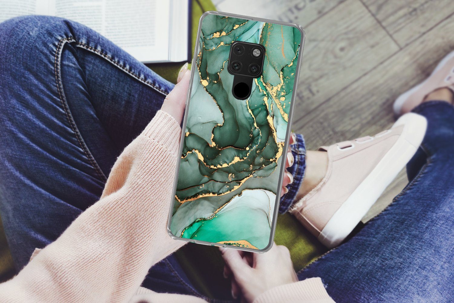 MuchoWow Handyhülle für Huawei P40 Lite Gold - Marmor - Grün - Luxus - Marmoroptik - Grau, Handy Case, Silikon, Bumper Case Dünn