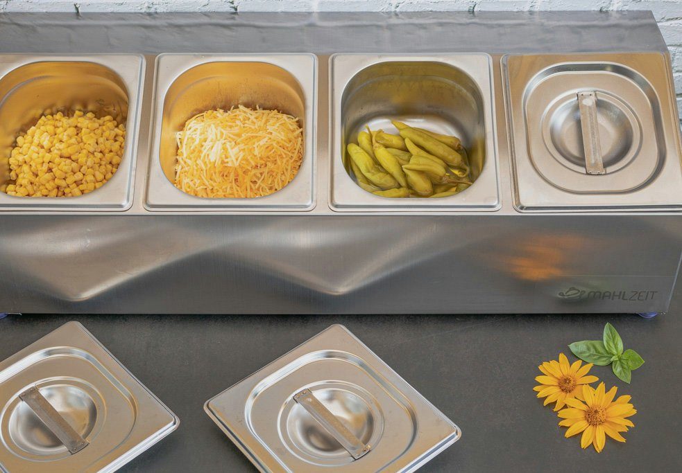 Mahlzeit Aufbewahrungssystem Edelstahl Zutatenbehälter, 6 x 1/6 GN Behälter mit Gummifüße, Edelstahl