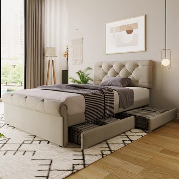 SOFTWEARY Polsterbett (Einzelbett mit Lattenrost und 2 Schubladen, 90x200 cm), Kopfteil höhenverstellbar, Leinen