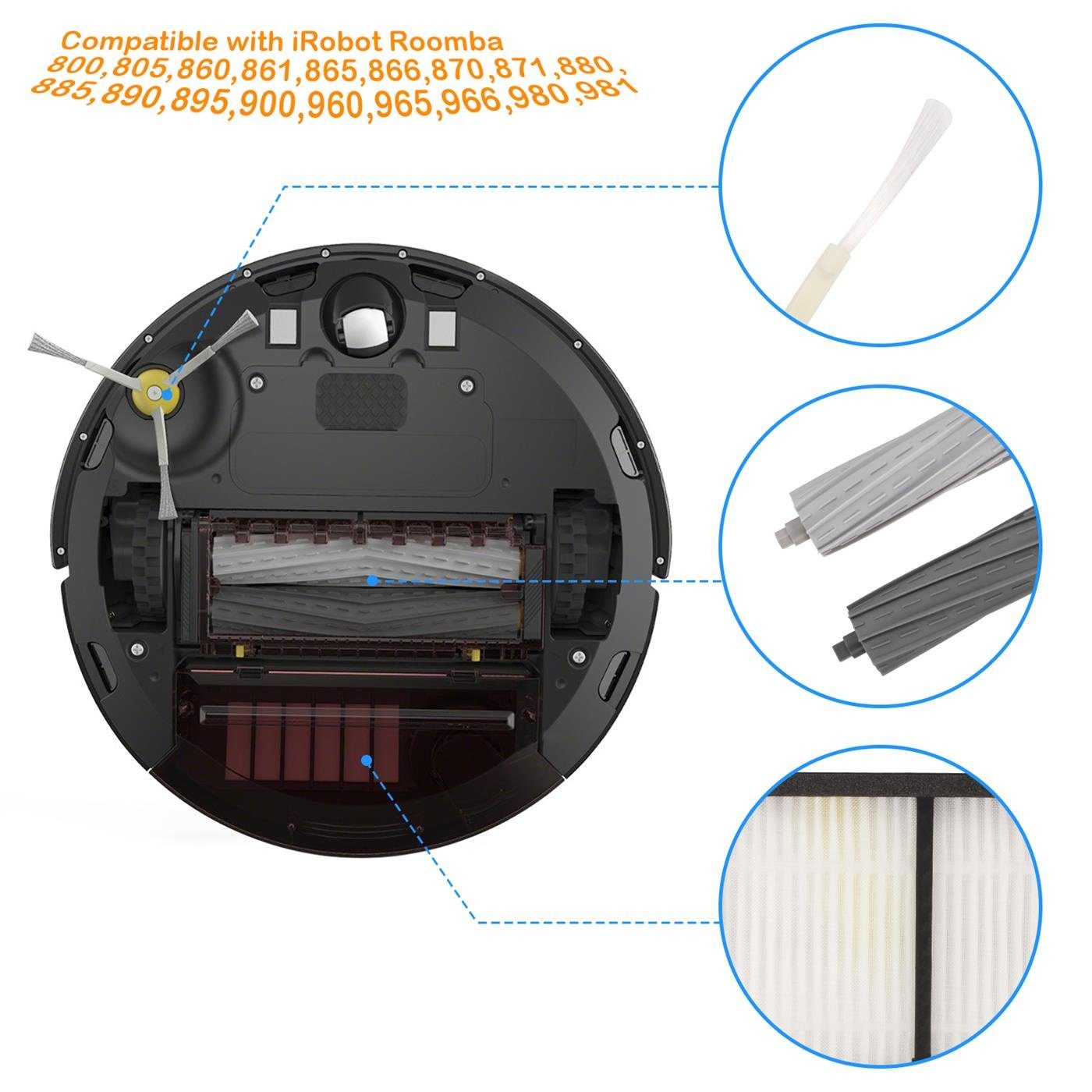 VERCO Reinigungsbürsten-Set Reinigungskit für iRobot, 800, 805, 860, 861, 865, 866, 870, 871, 880, 885, 890, 895, 900, 960, 965, 966, 980, 981, (8-tlg), Ersatz Teile Set Wartungskit Filter Seitenbürste Zubehör Bürste