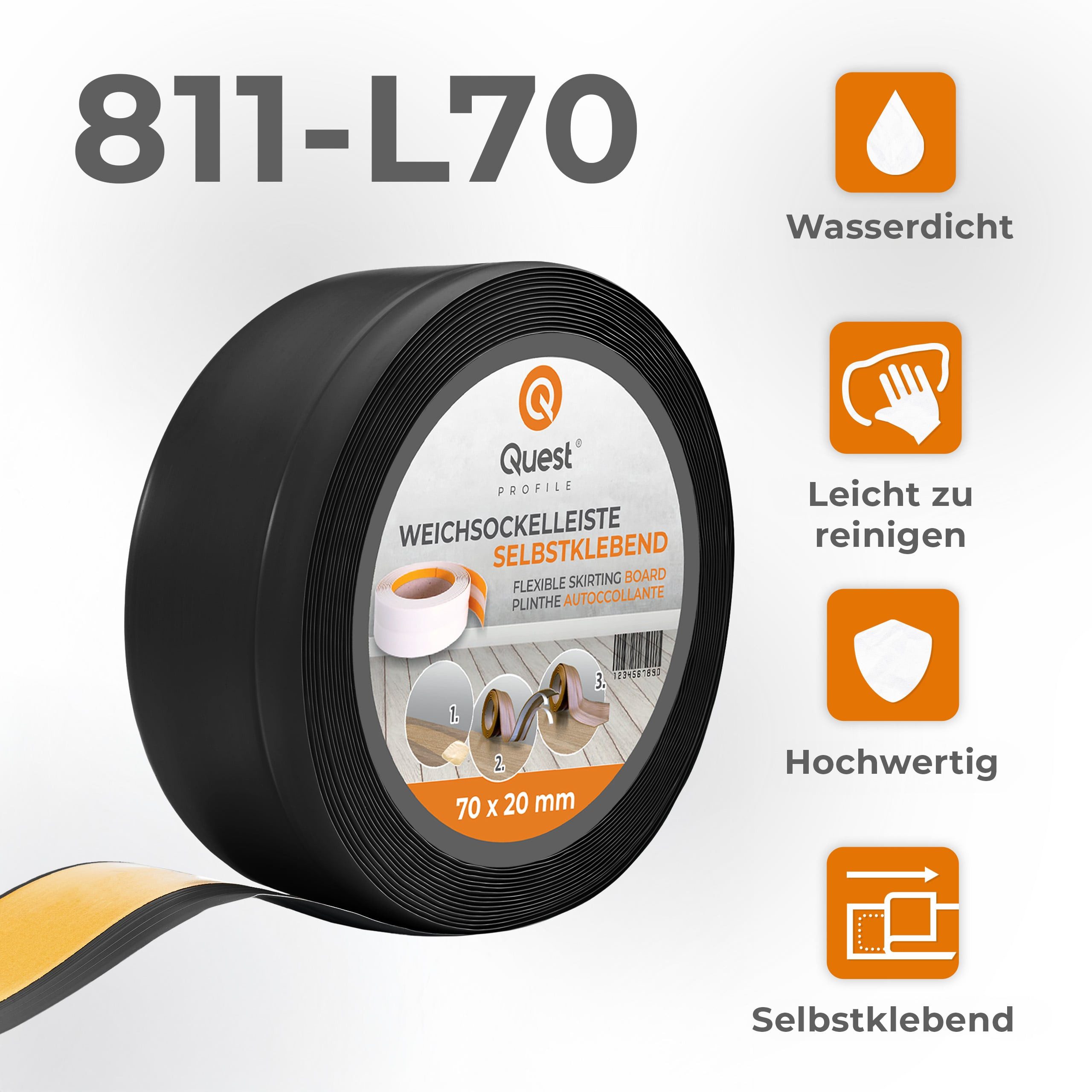 Quest Sockelleiste Weichsockelleiste Selbstklebend Knickleiste 70x20 mm, L: 100,00 cm, H: 7,00 cm, Packung, 1-St., wasserfest, UV-beständig, für Küche & Bad – Bild 3 von 5