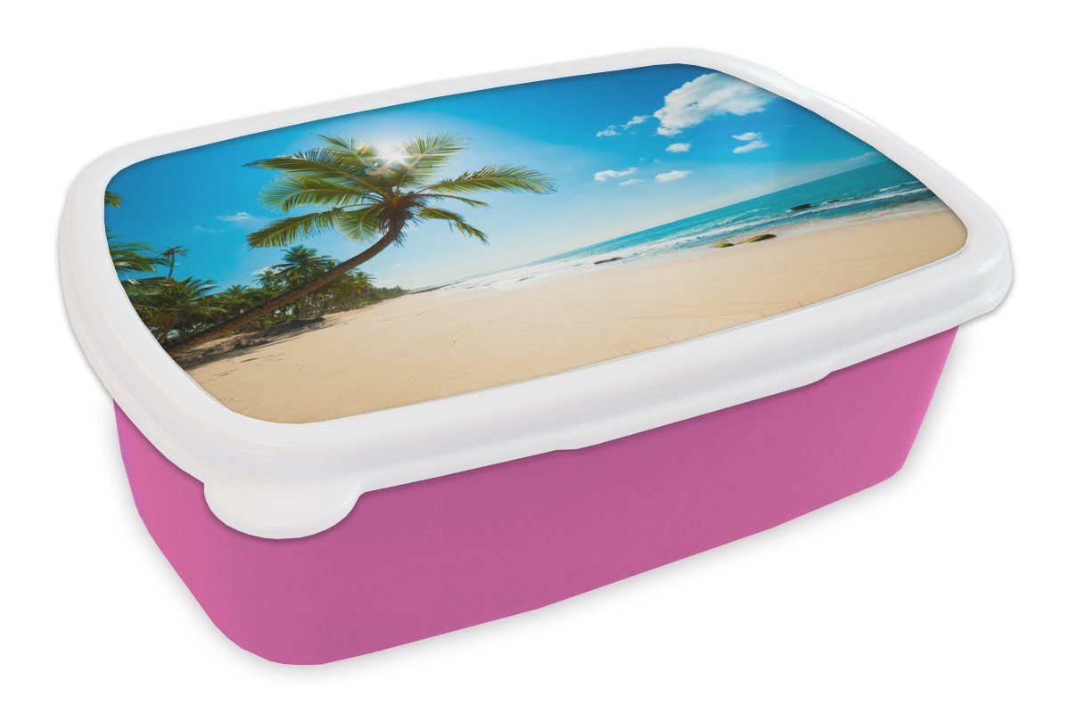 MuchoWow Lunchbox Strand - Meer - Sonne - Palme, Kunststoff, (2-tlg), Brotbox für Erwachsene, Brotdose Kinder, Snackbox, Mädchen, Kunststoff rosa