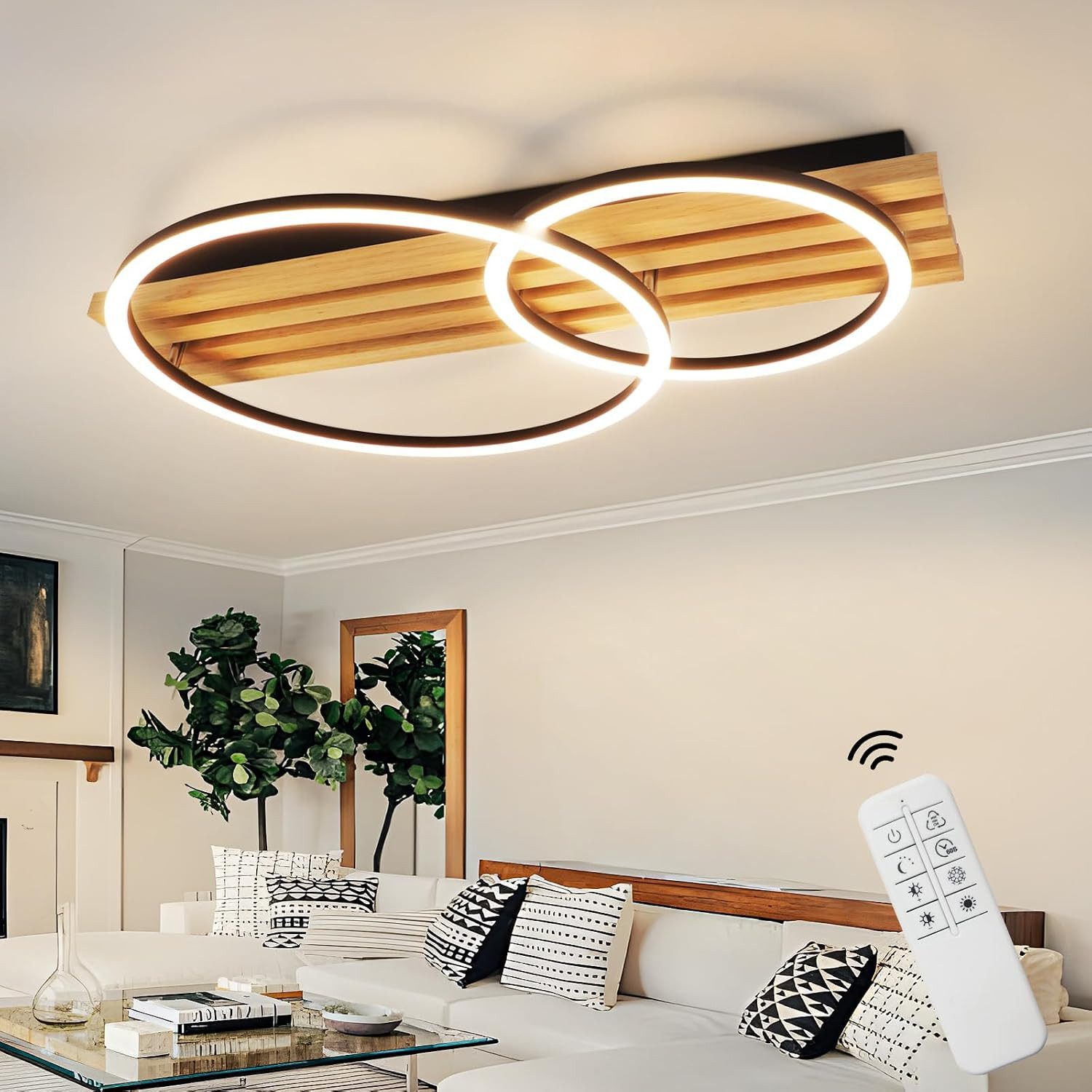 Nettlife LED Deckenleuchte Dimmbar Holz 2/3/4 Ringe Modern Deckenlampe Wohnzimmer, LED fest integriert, 36W 55*35*8.8CM für Schlafzimmer Büro Küche