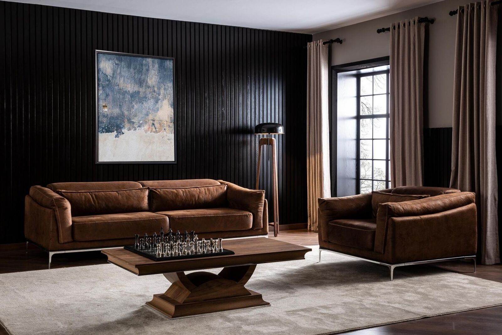 JVmoebel Wohnzimmer-Set Sessel + Sofa in Braun Modern Style Mittelweich Luxuriös Bequem, (2-St., 1x 3-Sitzer + 1x 1-Sitzer), Made in Europa