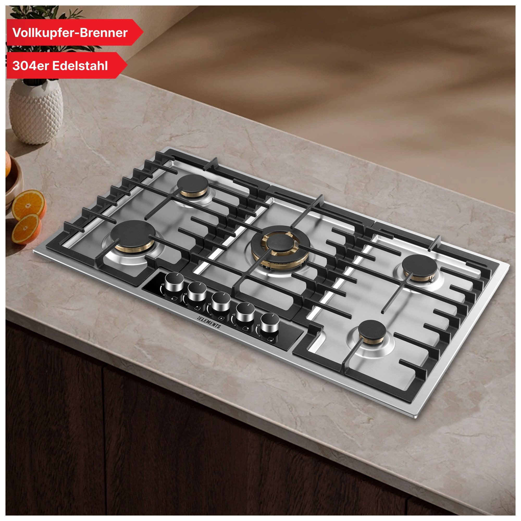 KB Elements Gas-Kochfeld, Vollkupfer-Brenner, Wok-Dreifachbrenner, 304 Edelstahlgehäuse, NG/LPG