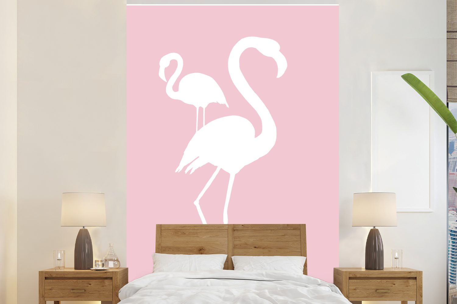 MuchoWow Fototapete Rosa - Weiß - Flamingo, Matt, bedruckt, (3 St), Montagefertig Vinyl Tapete für Wohnzimmer, Wandtapete