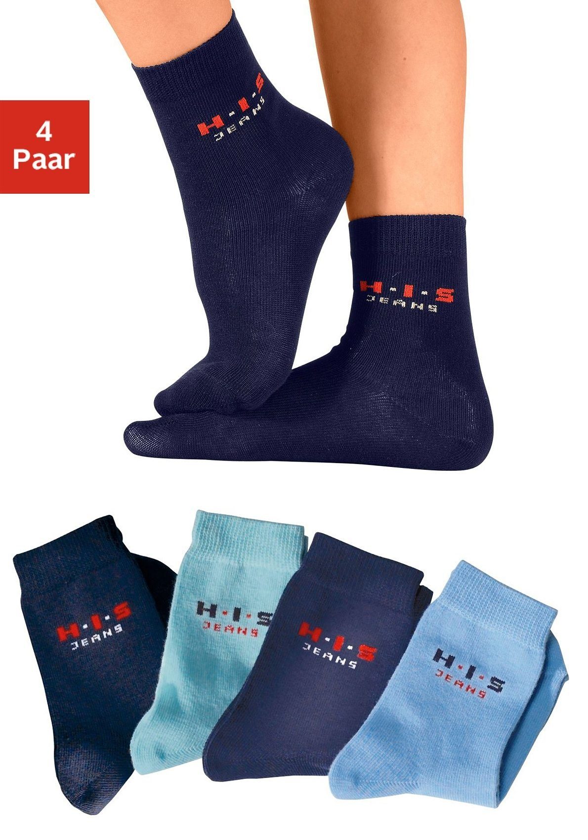 H.I.S Basicsocken (4-Paar) mit kontrasfarbenem Logo blau, marine, hellblau, dunkelblau | Lange Socken
