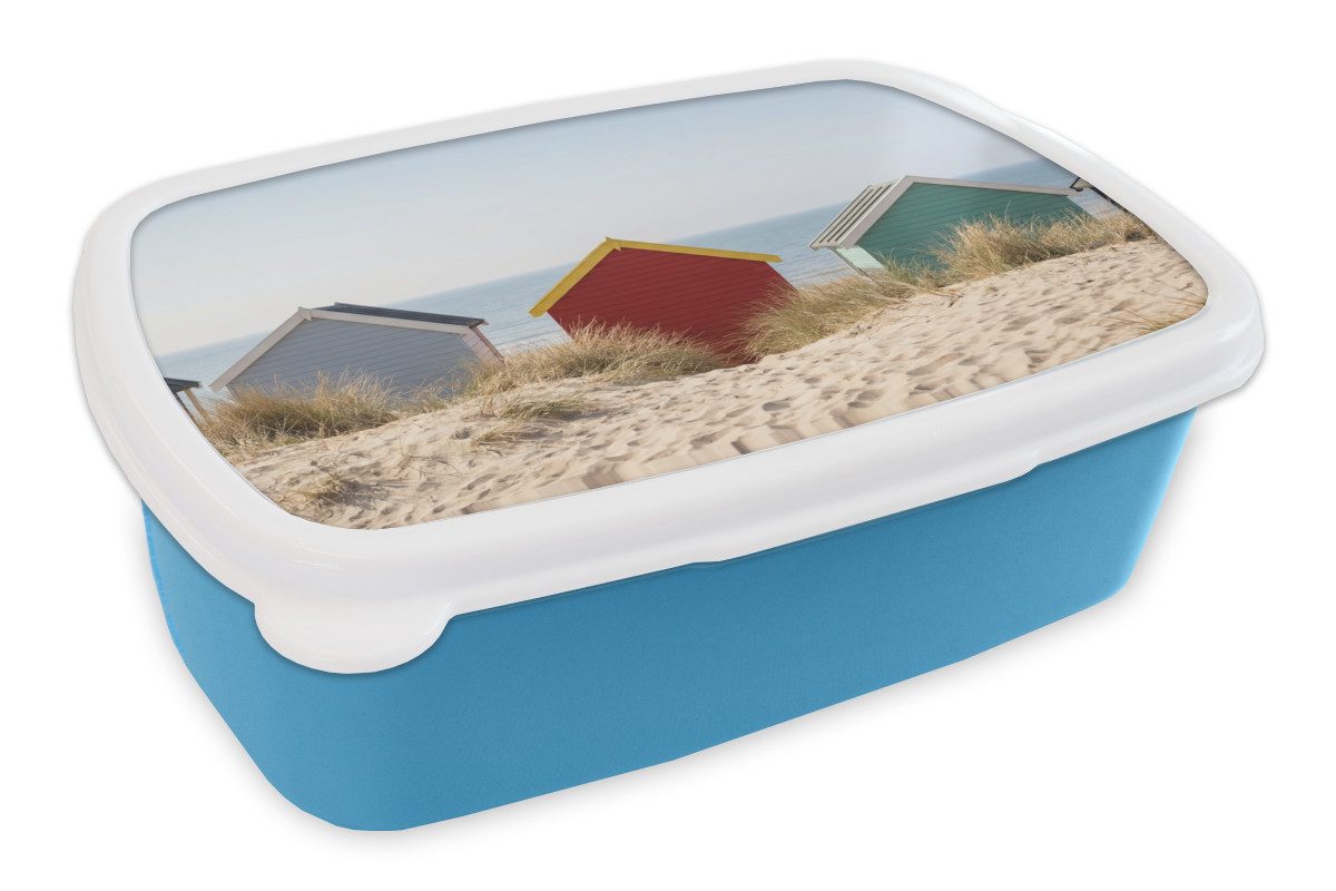 MuchoWow Lunchbox Strand - Ferienhäuser - Farbenfroh - Dünen, Kunststoff, (2-tlg), Brotdose, Lunchbox, Brotbox für Kinder und Erwachsene