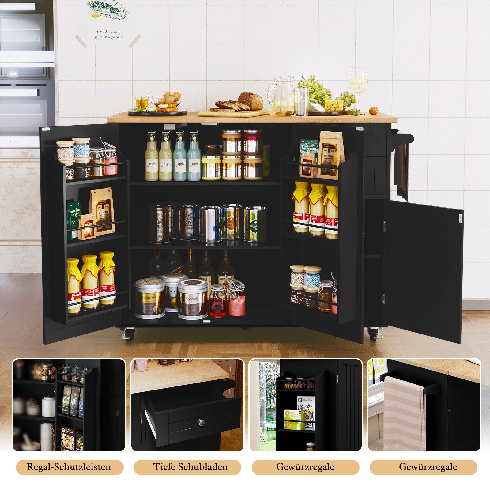 HOLTICO Küchenwagen mit Klappbarer Arbeitsplatte-Kücheninsel auf Rollen, Küchenschrank, (1 St), Bewegliche Kücheninsel auf Rollen, Anrichte für Esszimmer und Küche