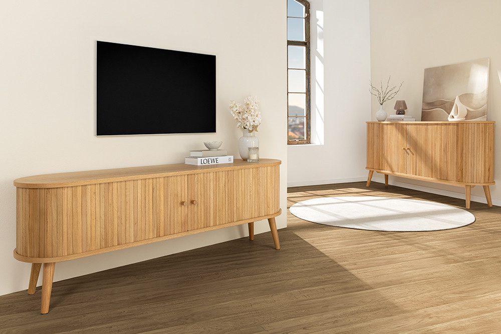 riess-ambiente Lowboard VALHALLA WOOD 160cm natur · TV-Schrank mit 2 Schiebetüren & 4 Fächer (Einzelartikel, 1 St), Wohnzimmer · Eiche · Retro Design