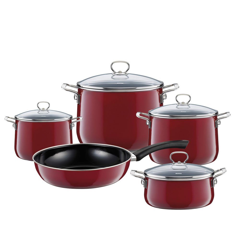 Riess Kochtopf Nouvelle Rosso extra stark, (5-tlg), je 1x: Fleischtopf mit Glasdeckel in 16, 20, 24 cm, Kasserolle