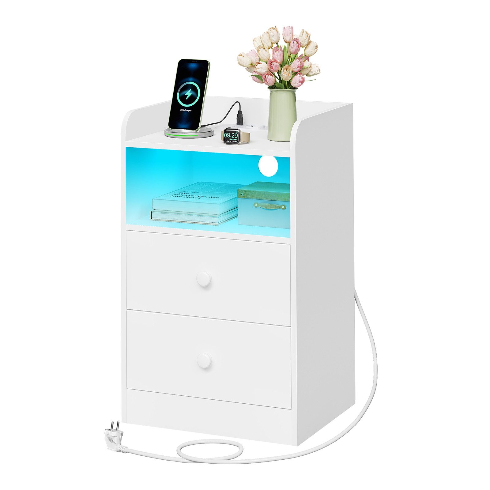 Woltu Nachttisch (1-St), Ladefunktion LED-Licht, 2 Steckdosen 2 USB