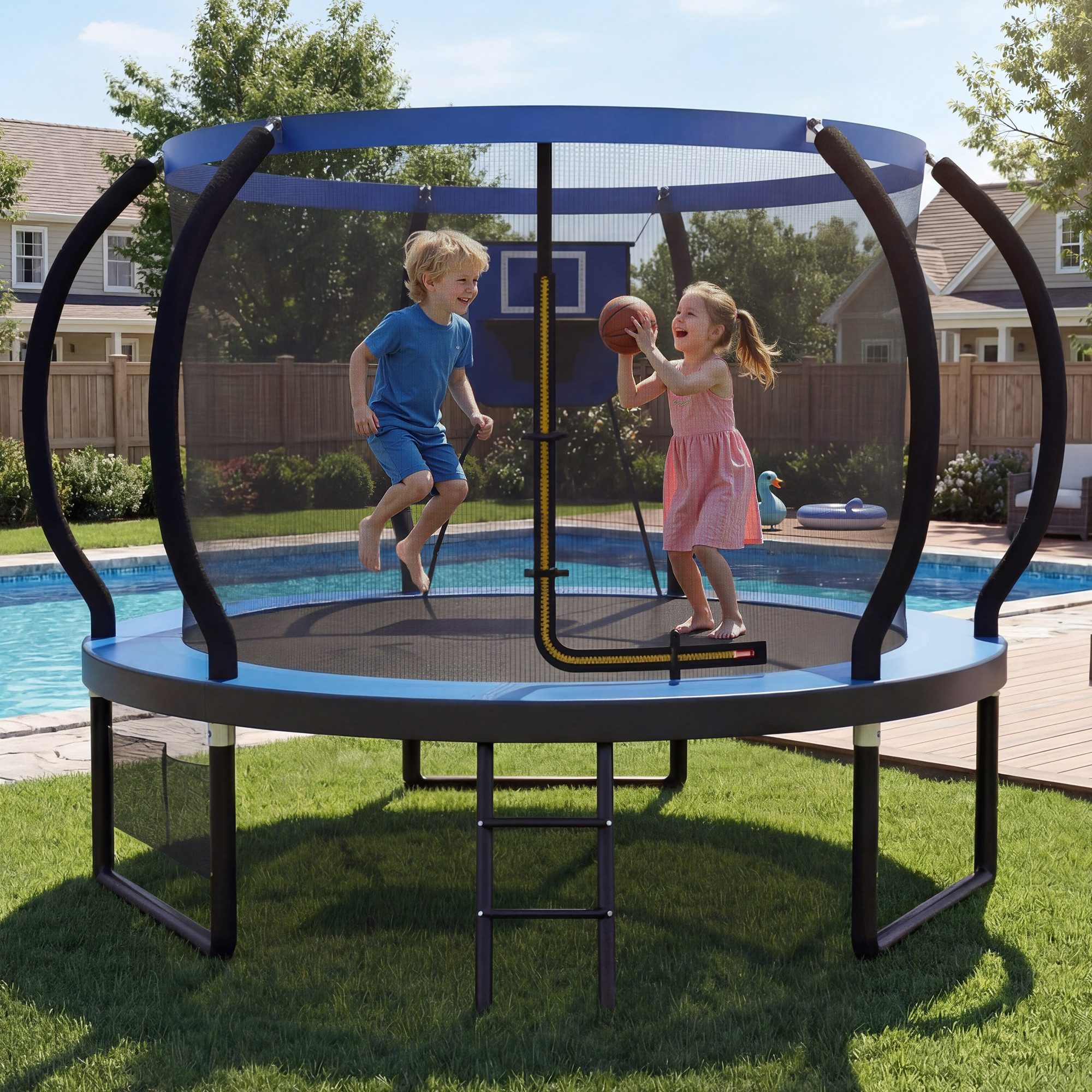 GUNJI Gartentrampolin Basketballkorb-Trampolin, Durchmesser 228/305 cm, Kindertrampolin, Ø 228 cm, (Enthält Leiter, Sicherheitsnetz, Schuhnetz, 360°-Schutzgitter und Fallschutzmatte, mit einer Tragkraft von 150 kg-ostern geschenke)