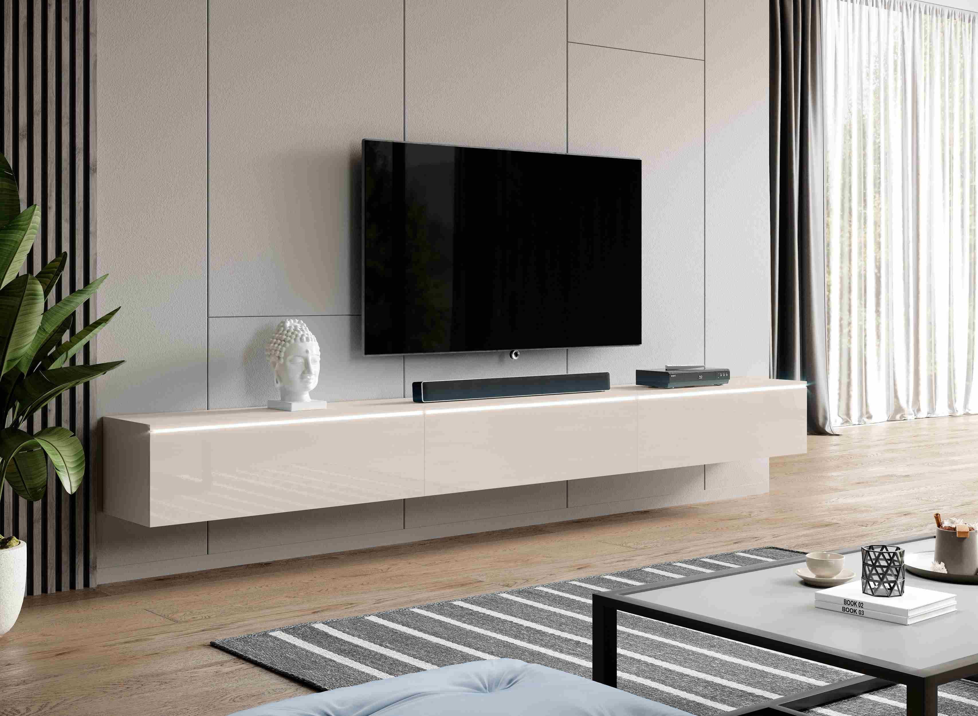Furnix TV-Schrank BARGO 300 cm (3x100cm) TV-Kommode Lowboard mit/ohne LED Beige