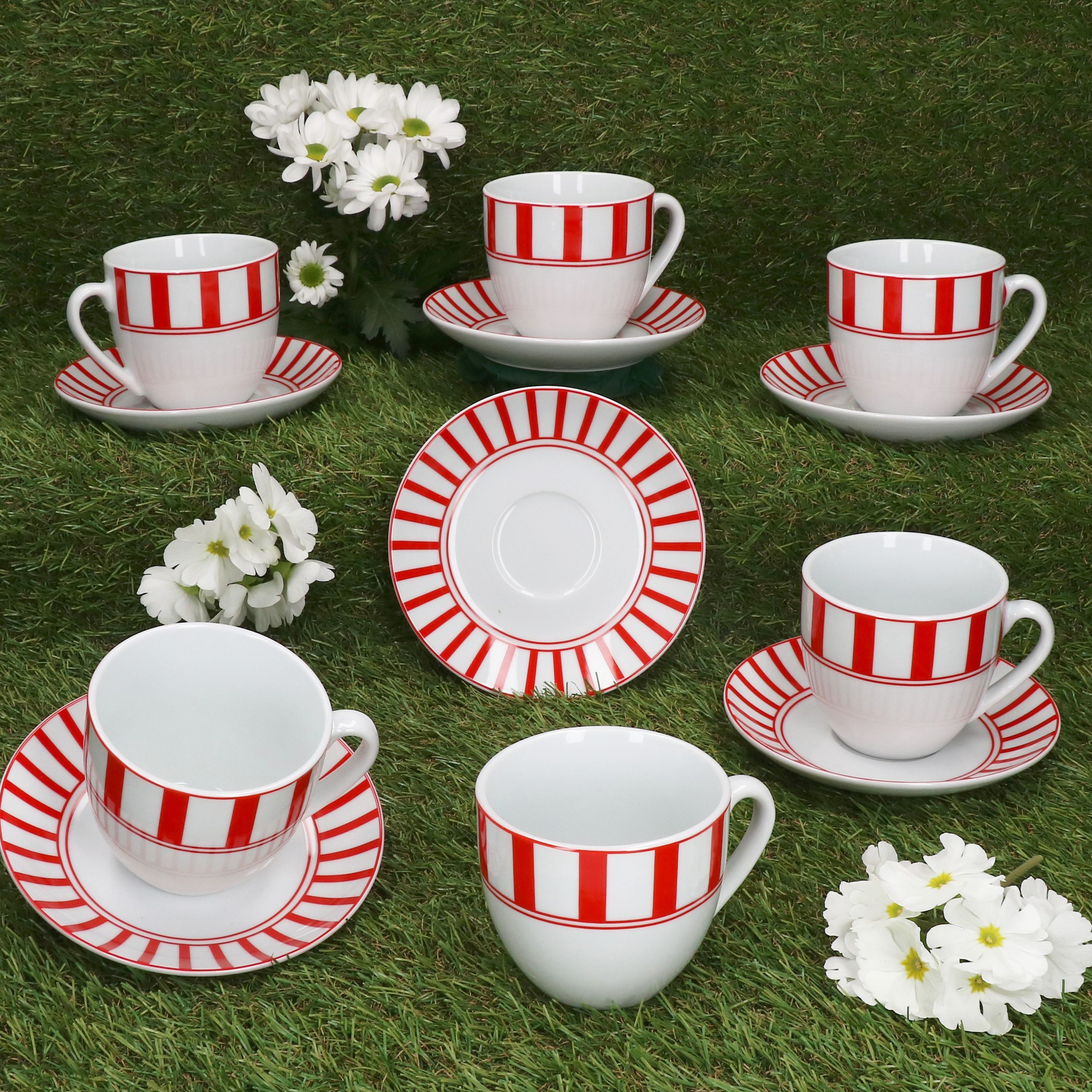 MamboCat Tasse Split rot Kaffeetassen mit Untertassen für 6 Personen Streifen Tee, Porzellan