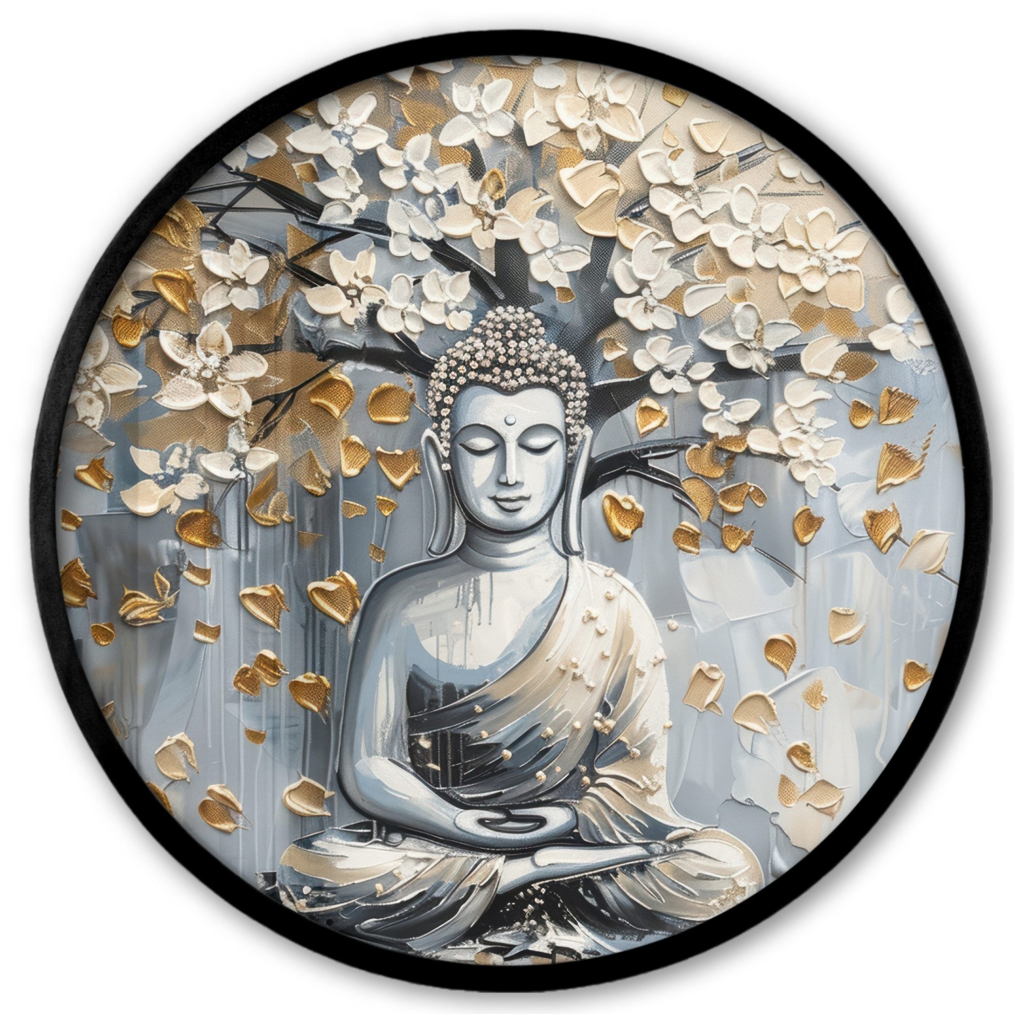 MuchoWow Poster Rund - Buddha - Blumen - Baum - Gold - Modern, (1 St), Runde Wandbilder, Deko für Wohnzimmer und Schlafzimmer, 40x40 cm