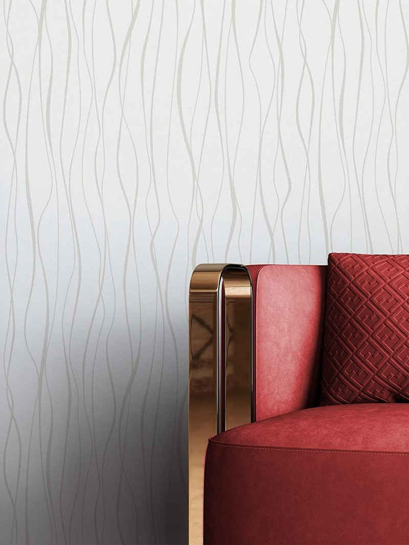 Newroom Vliestapete, Weiß Tapete Landhaus Leicht Glänzend - Streifentapete Grau Modern Streifen Linien für Wohnzimmer Schlafzimmer Flur