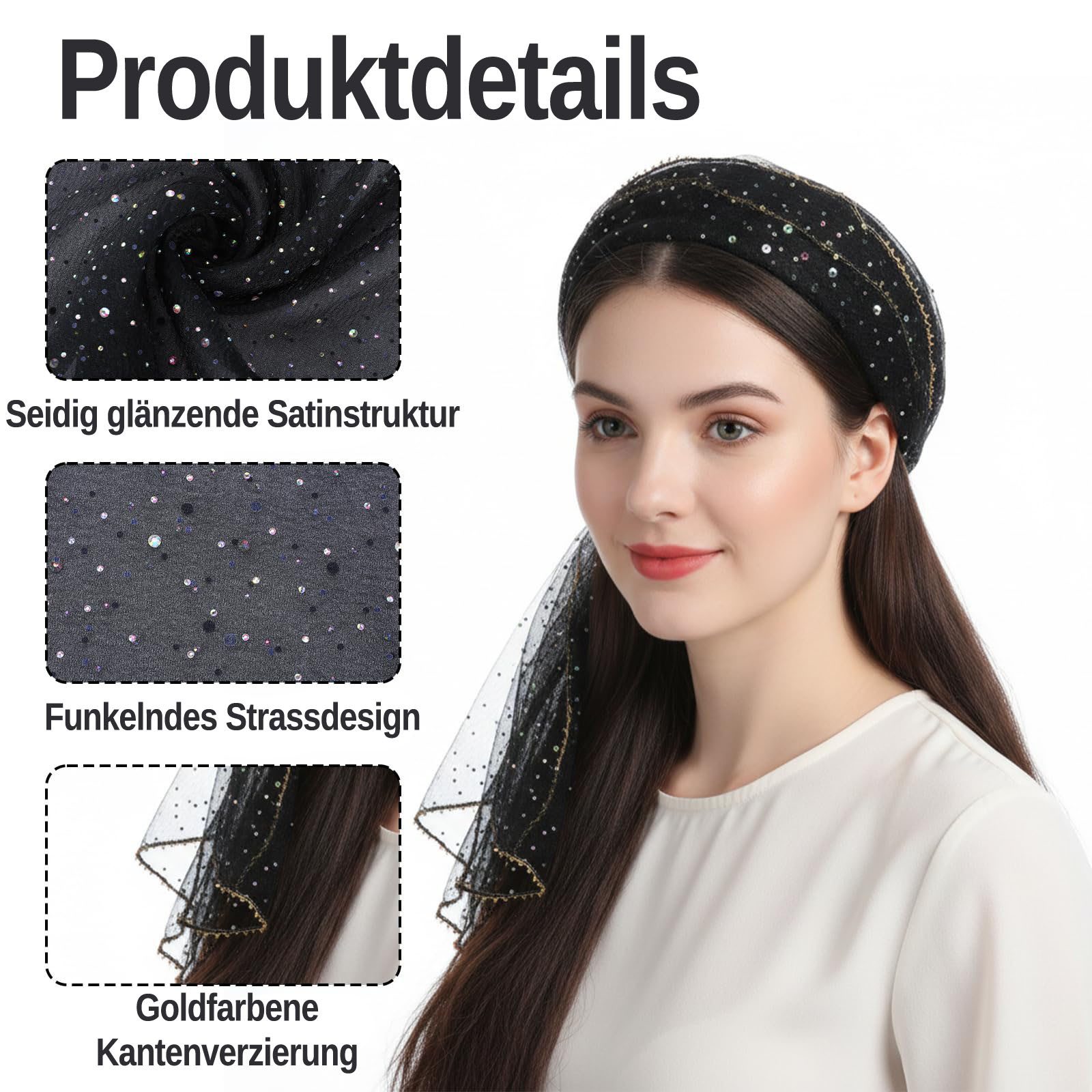 Zaewry Kopftuch Modisches Damen-Kopftuch/Haarband, quadratisches Strass-Seidentuch, Damenschal/Schultertuch, elegantes Halstuch/Kopftuchmütze