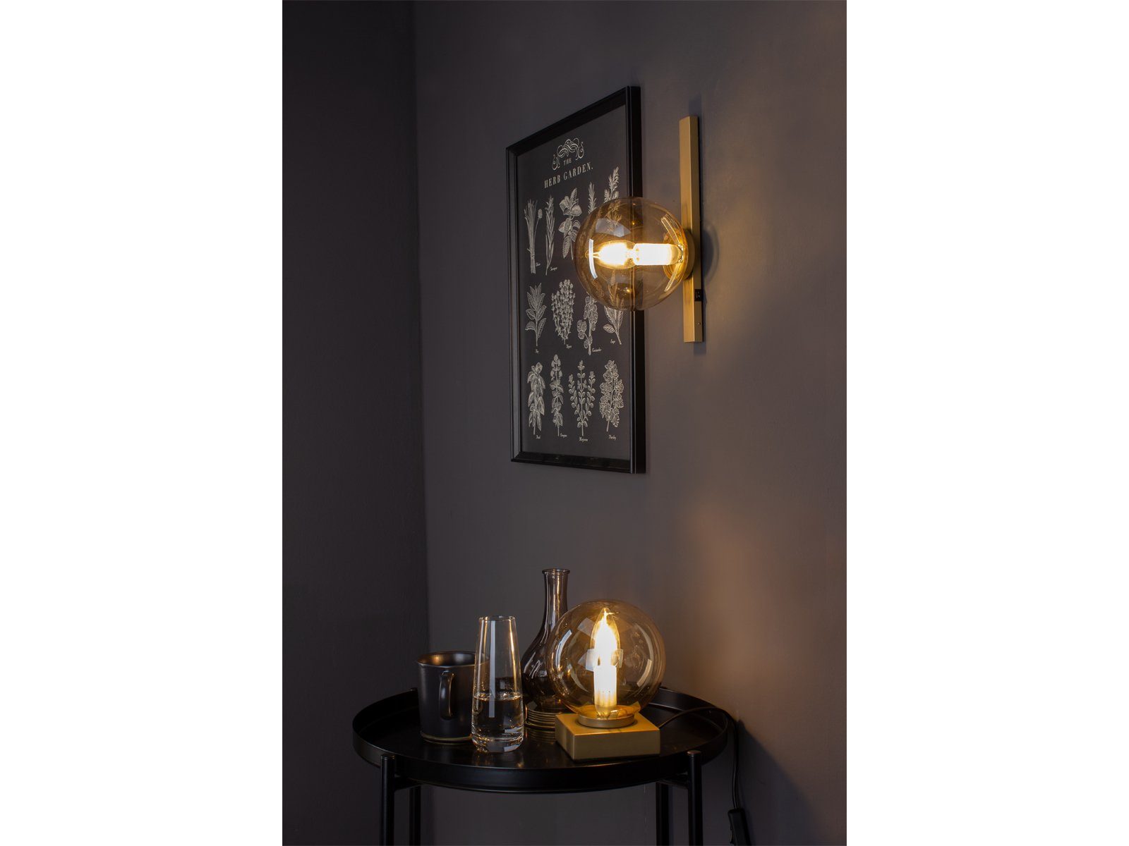 Gold-en, wechselbar, LED Schalter mit 28cm Messing-Amber Glas-kugel, meineWunschleuchte Höhe Wandleuchte, Lampe innen, LED Bauhaus Warmweiß, & Dimmfunktion,