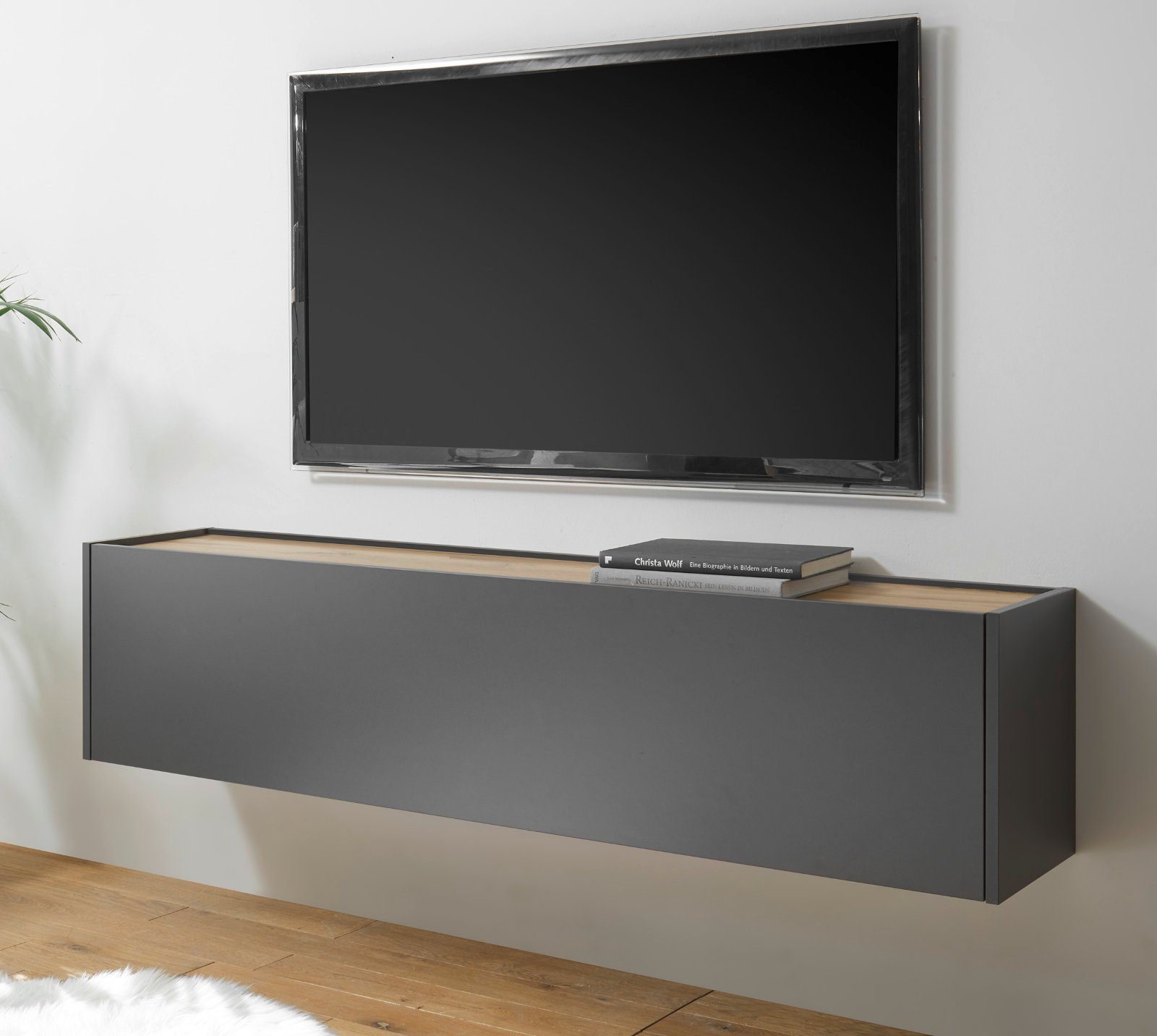 Furn.Design Lowboard Center (TV-Unterschrank), Breite 150 cm, hängend, Grau matt und Wotan Eiche