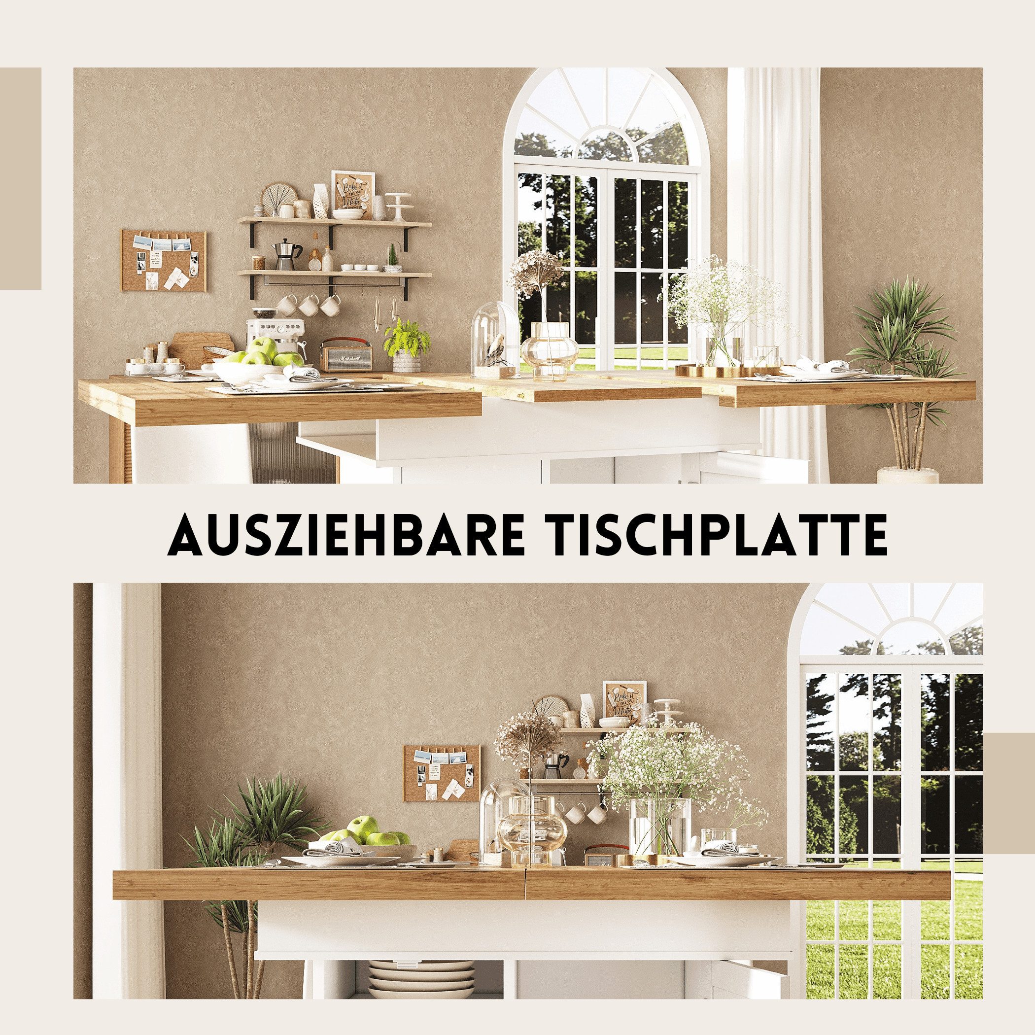 SeedWave Esstisch Ausziehbarer Küchentisch mit 1 Weinregal, 1 Schubladen, Viel Stauraum, Säulentisch mit 1 verstellbarem Einlegeboden, Abnehmbarer Platte