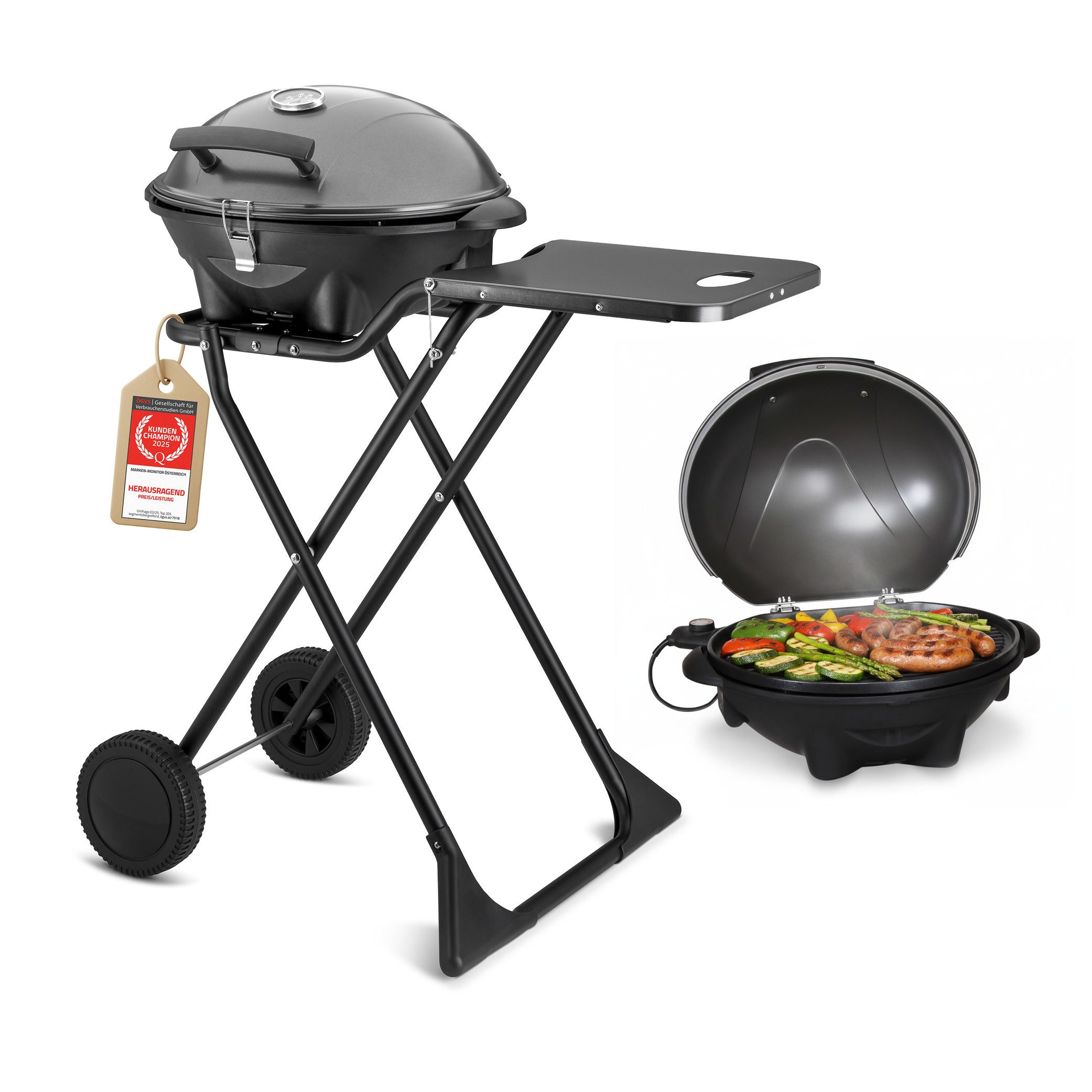 TZS FIRST AUSTRIA Elektrogrill 2in1 2400W, Elektrisch & Klappbar, Trolley-Grill mit Thermometer, 2400 W, Standgrill mit Windschutzhaube, 2,9m Kabel und Antihaft-Grillplatte