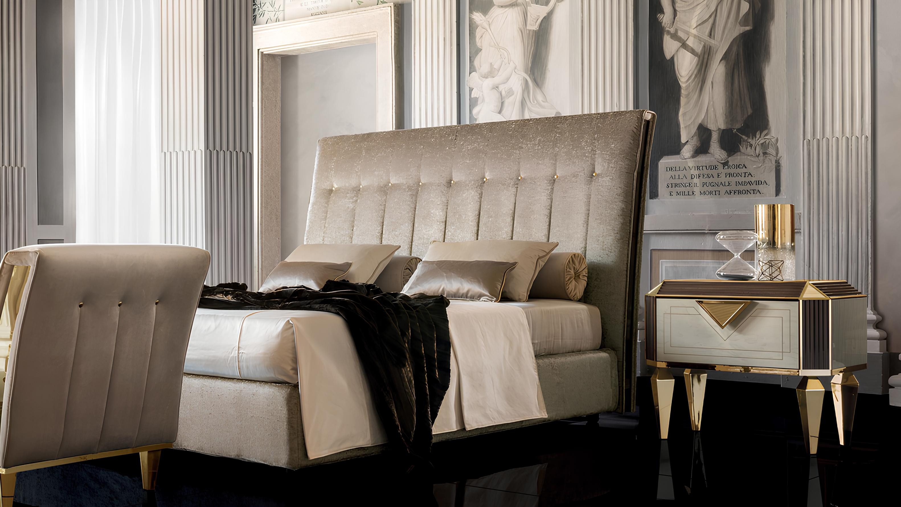 JVmoebel Bett Leder-Doppelbett in Gold mit schwarzen Holzfüßen von Arredoclassic (1-tlg), Made in Europa