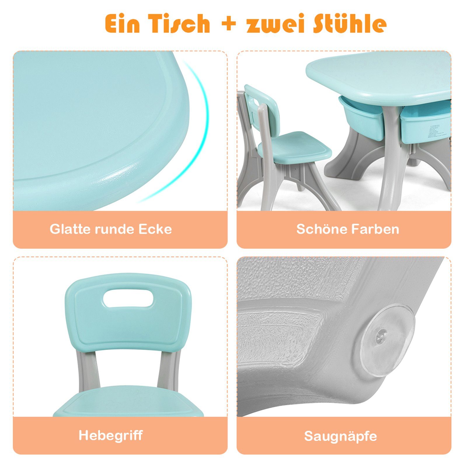 2 mit Stauraum, Kindersitzgruppe, Grün mit COSTWAY Stühlen&Kindertisch, Kunststoff