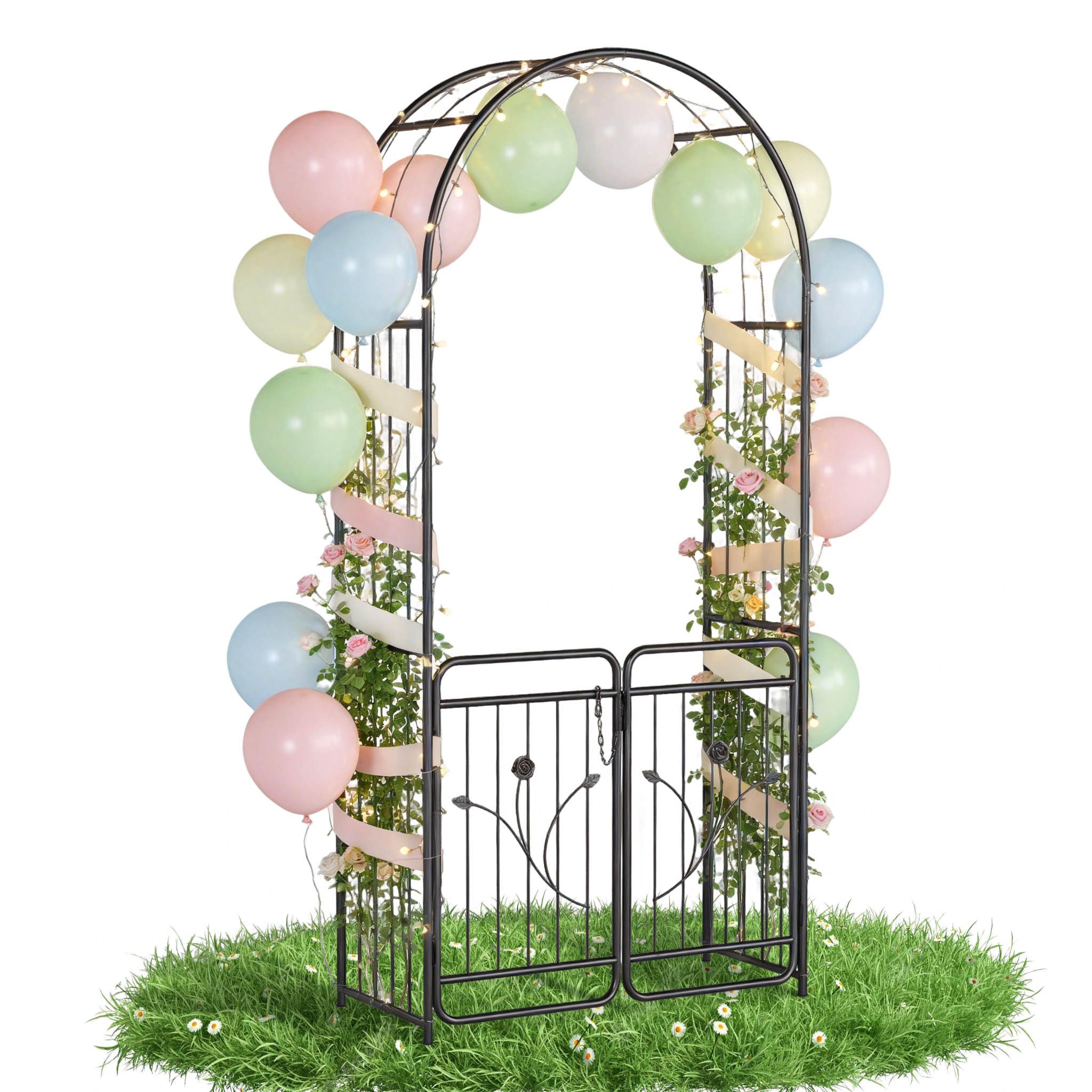 FIVMEN Rosenbogen Gartenbogen Torbogen Metall Rankgitter Rosenbögen mit Tür, Rankgitter Garten Rosenhilfe für Rosen und Kletterpflanzen, Schwarz