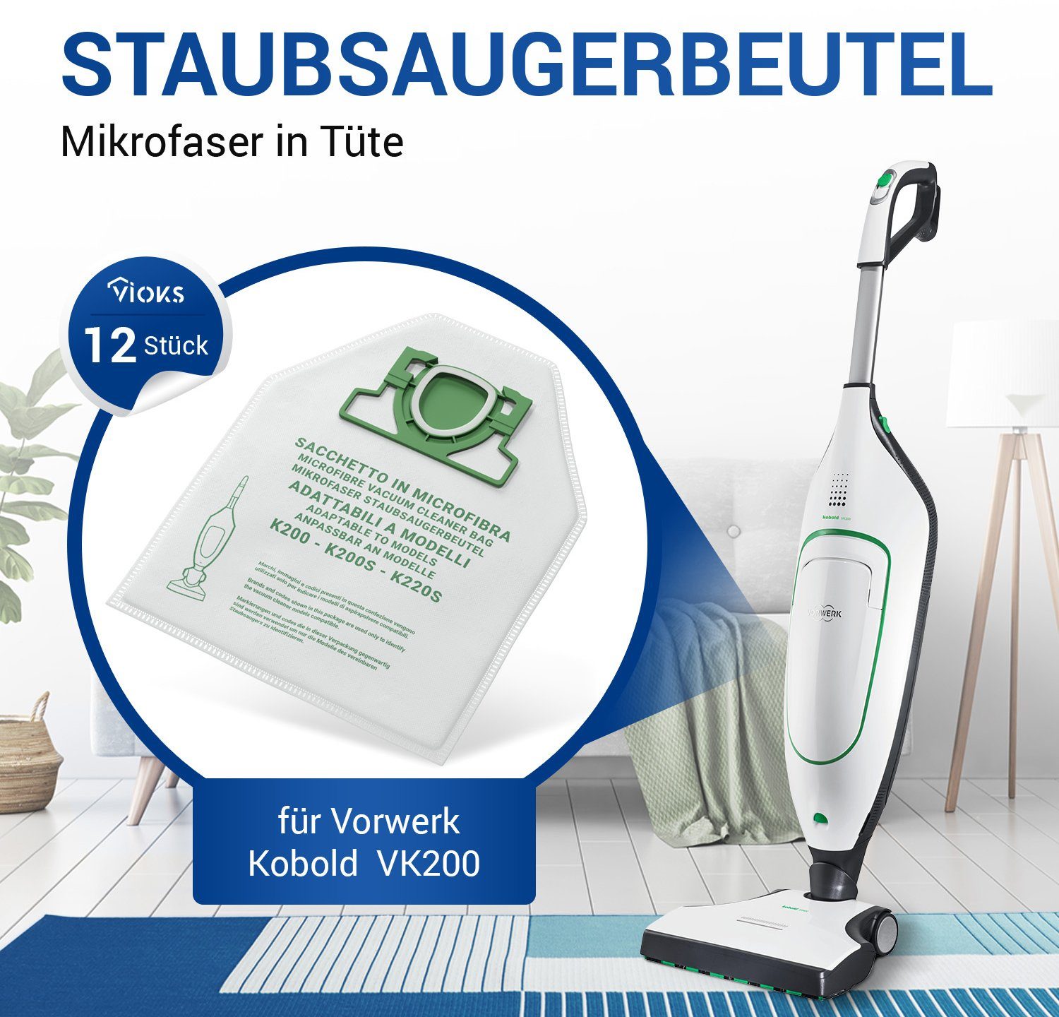 VIOKS Staubsaugerbeutel Filterbeutel Ersatz für Vorwerk Filtertüten aus Mikrofaser, 12 St., für VK200 Staubsauger