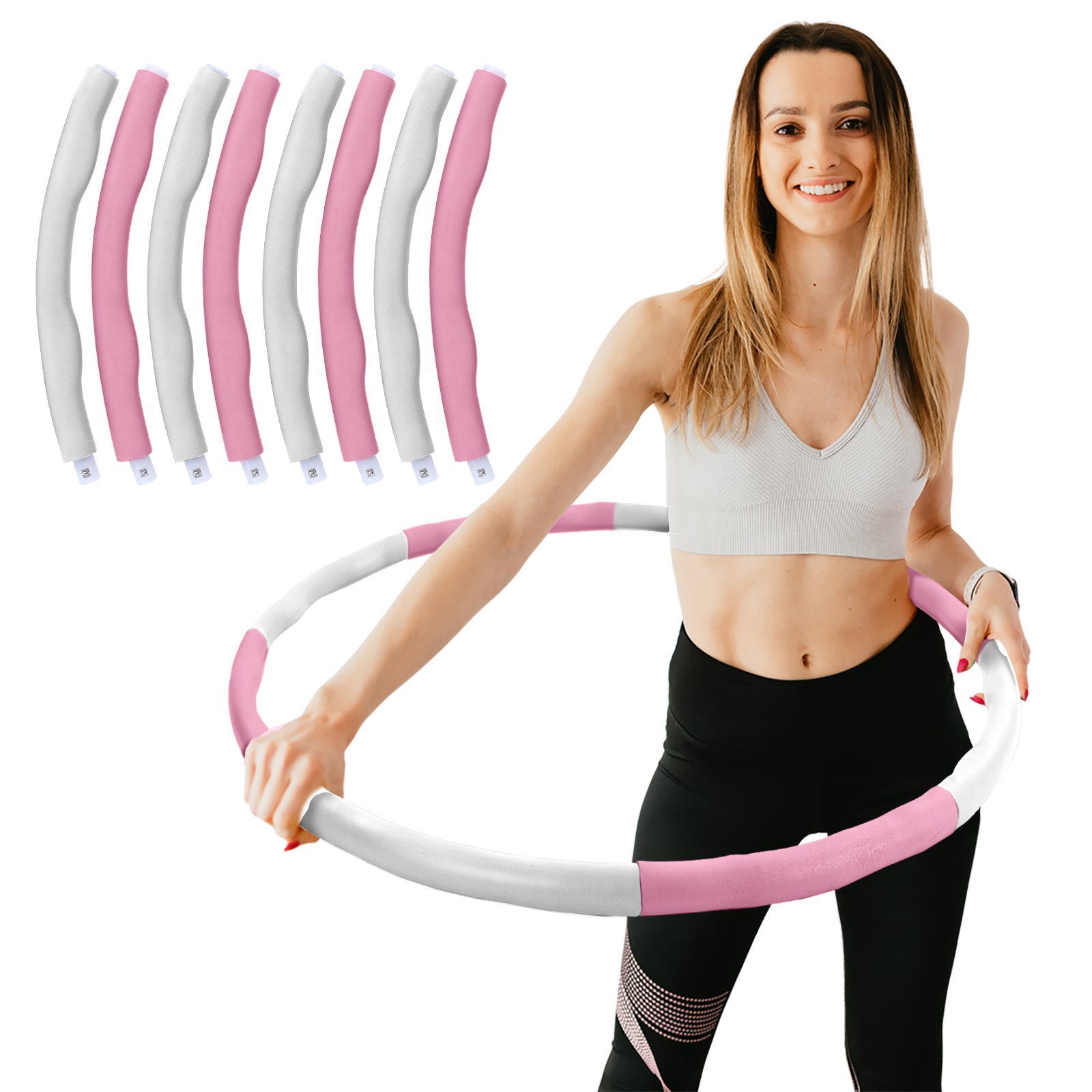 RAMROXX Hula-Hoop-Reifen Fitness Reifen 8 Teile gepolstert Durchmesser einstellbar Weiss Pink