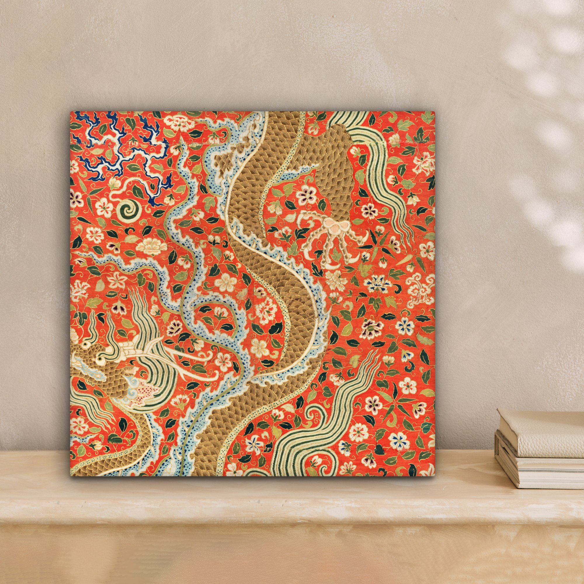 Blumen Drache Gemälde cm Wohnzimmer für OneMillionCanvasses® - Orange, Vintage - Bilder - 20x20 St), (1 Schlafzimmer, Leinwand