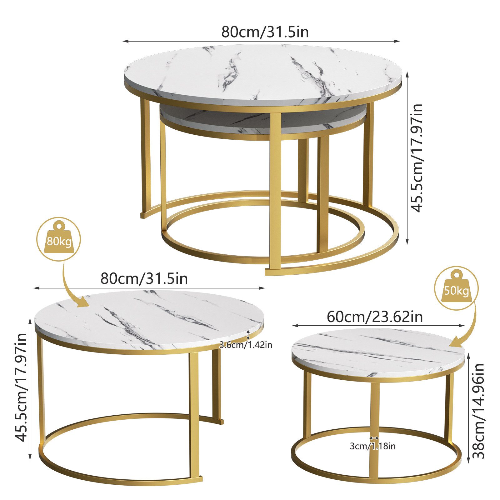 TWSOUL Couchtisch 2er-Satztisch Kaffeetisch stapelbarer, 80x45.5CM + 60x38C günstig online kaufen