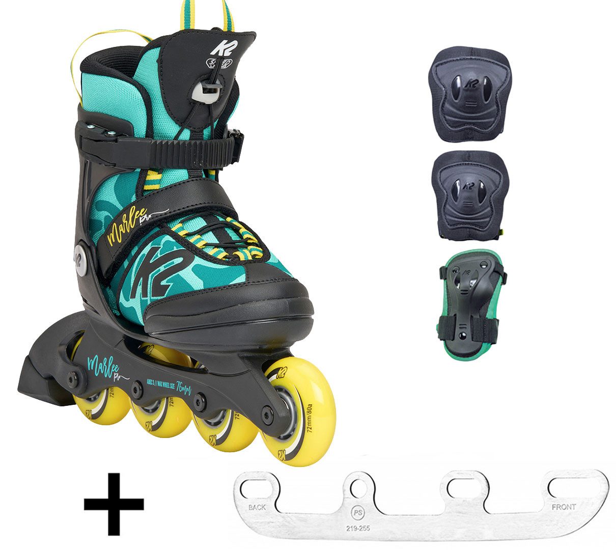 Inlineskates K2 MARLEE PRO PACK Kinder Inline Skate green + Eiskufen + Schonerset