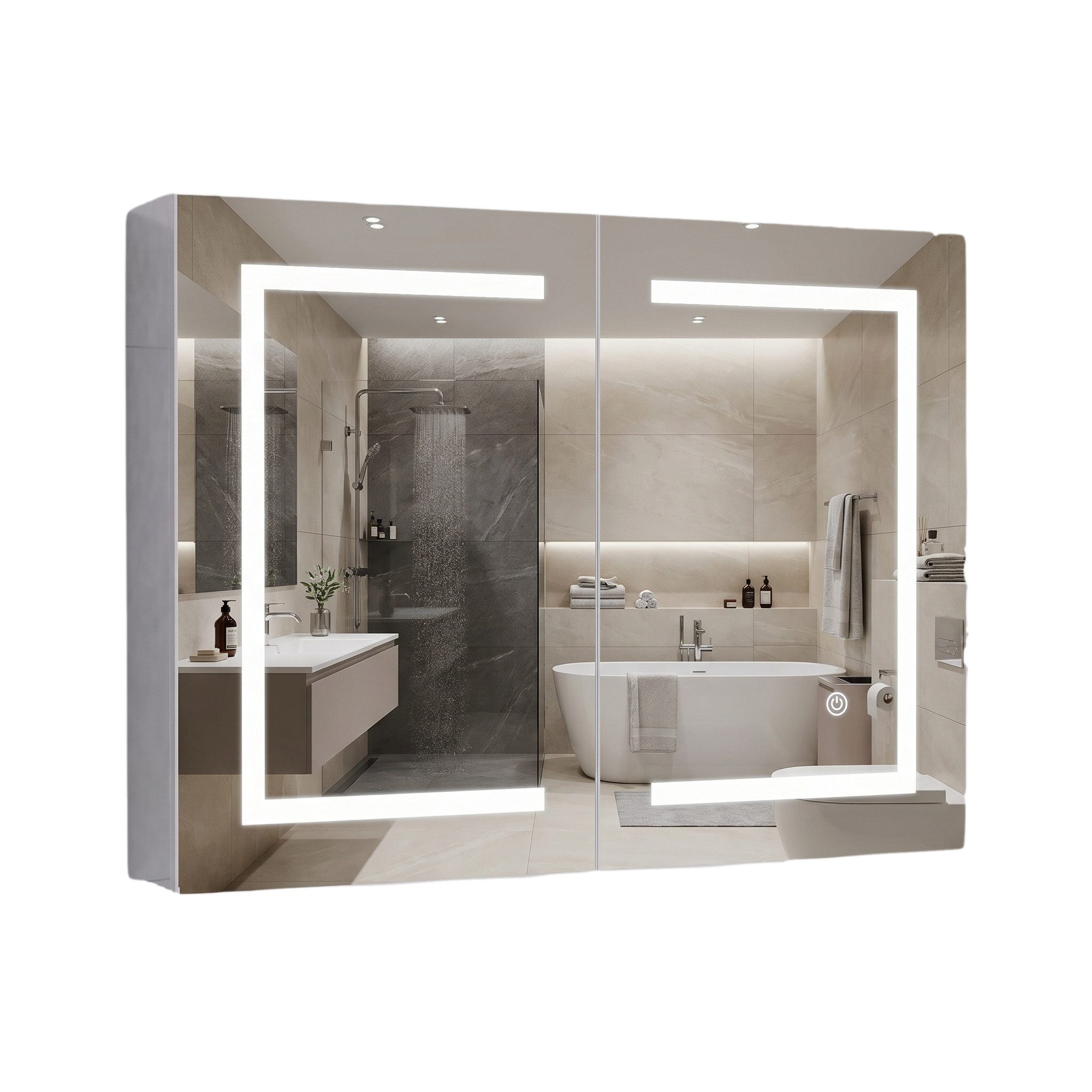 Furnishings Home Badezimmerspiegelschrank Spiegelschrank Doppeltür Hängeschrank mit LED (Einstellung der warmen und kalten Farbtemperatur 3000/4500/6400K) inkl. LED-Beleuchtung, Stecker, Touchschalter, Beschlagfrei
