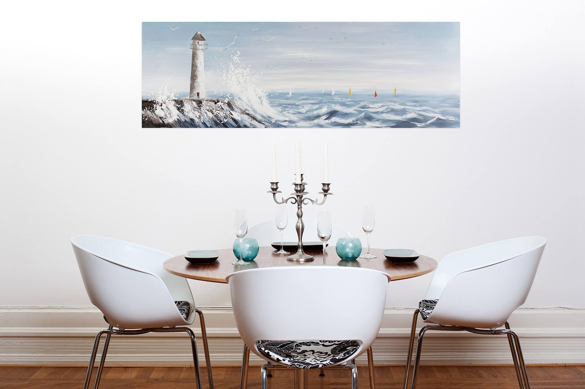 KUNSTLOFT Gemälde Leuchtturm in Wandbild 150x50 Wohnzimmer Leinwandbild Sicht cm, HANDGEMALT 100