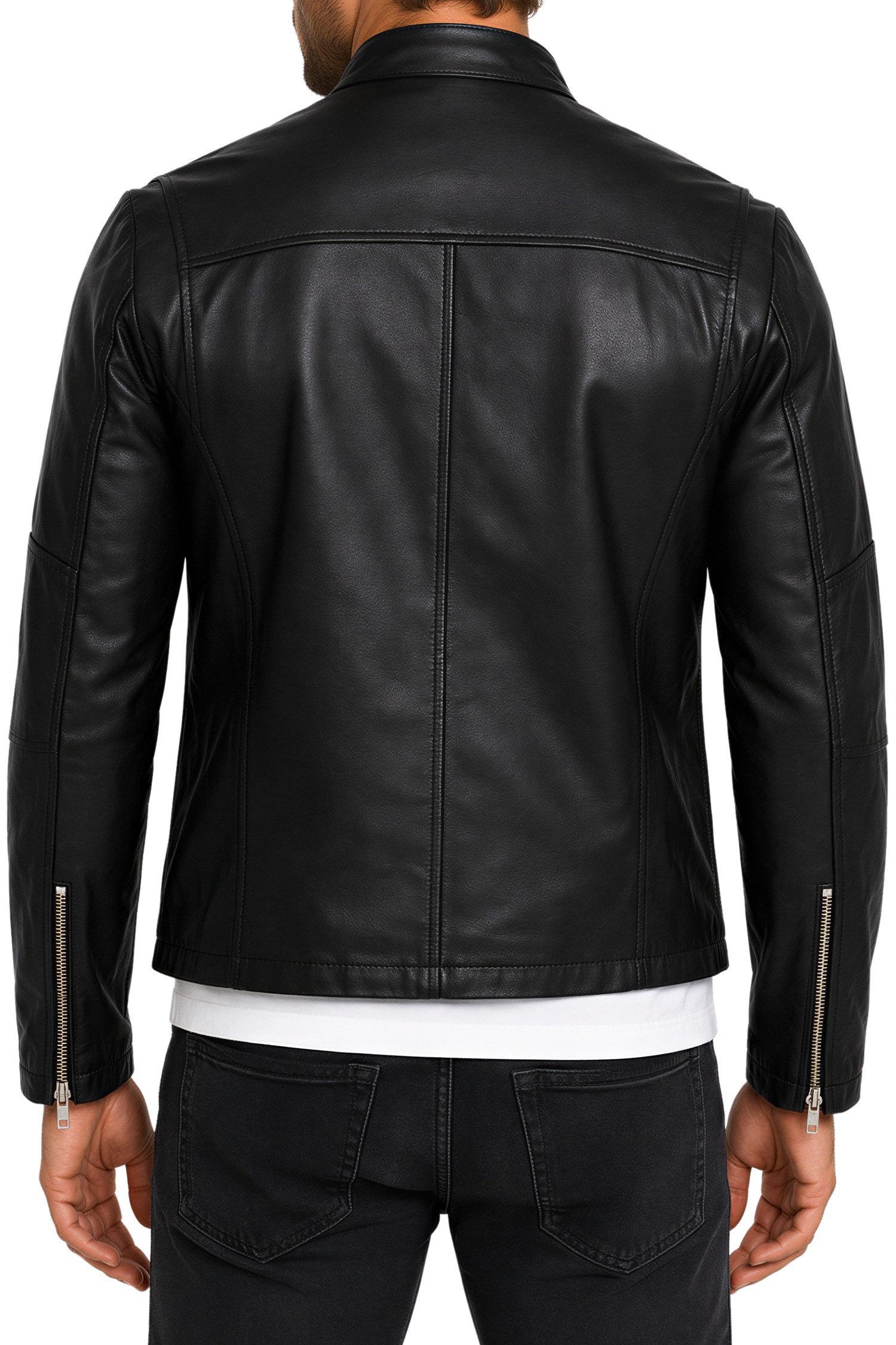 Reichstadt Lederjacke Herren Slim Fit Bikerjacke Silver Zipper 20RS20LUX Reißverschluss an den Ärmelenden