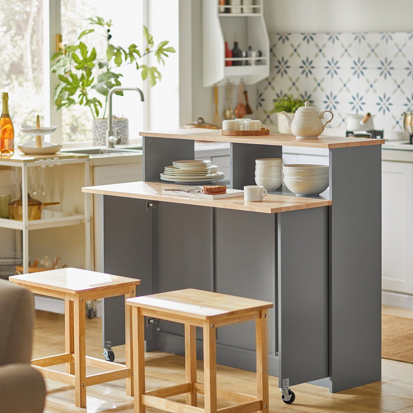 SoBuy Küchenwagen FSB36, Sideboard mit Schiebetüren Kücheninsel mit erweiterbarer Arbeitsfläche