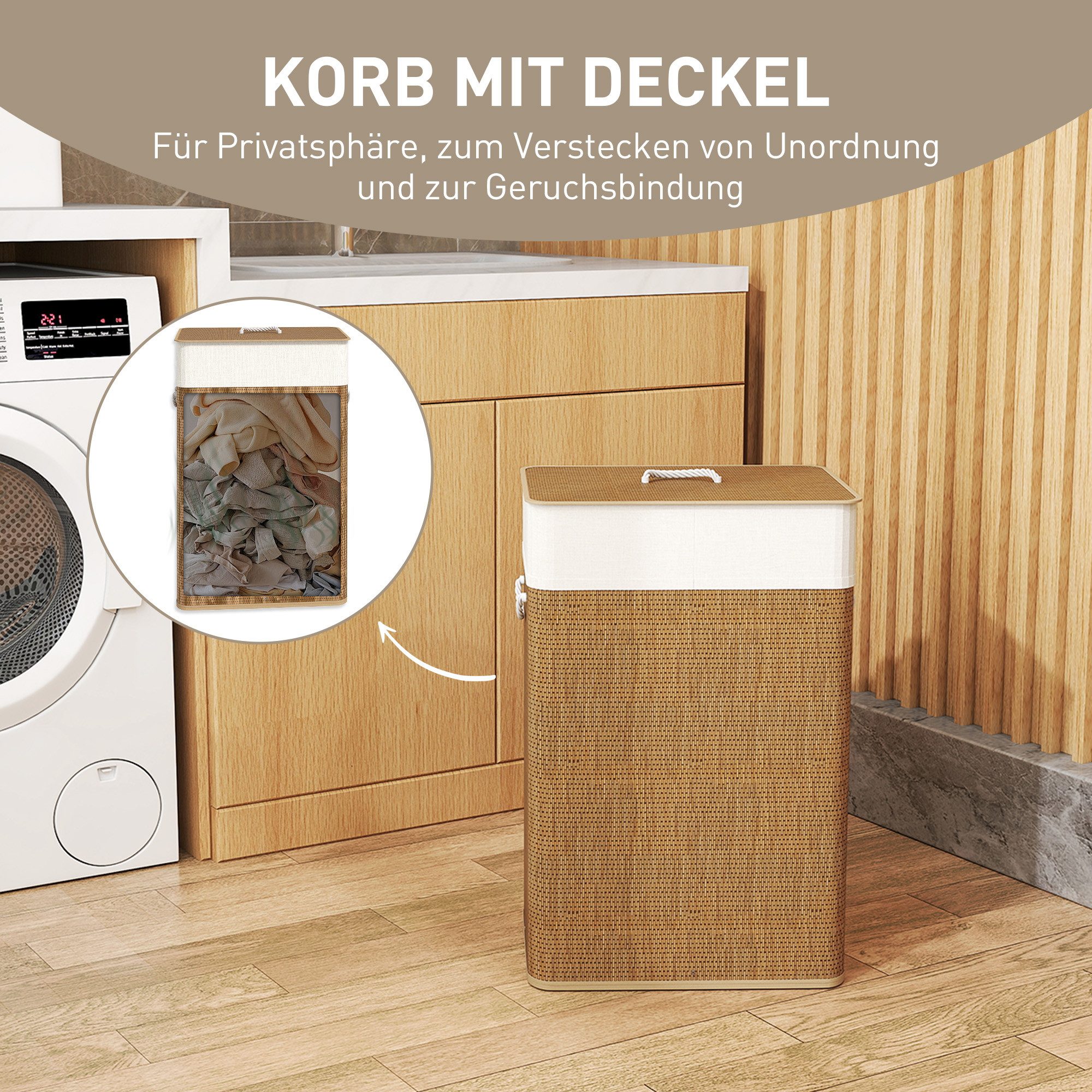 HOMCOM Wäschekorb Bambus Wäschesammler mit Deckel und herausnehmbarem Wäschesack (Laundry Basket, 1 St., Wäschebox), für Waschküche Schlafzimmer – Bild 5 von 5