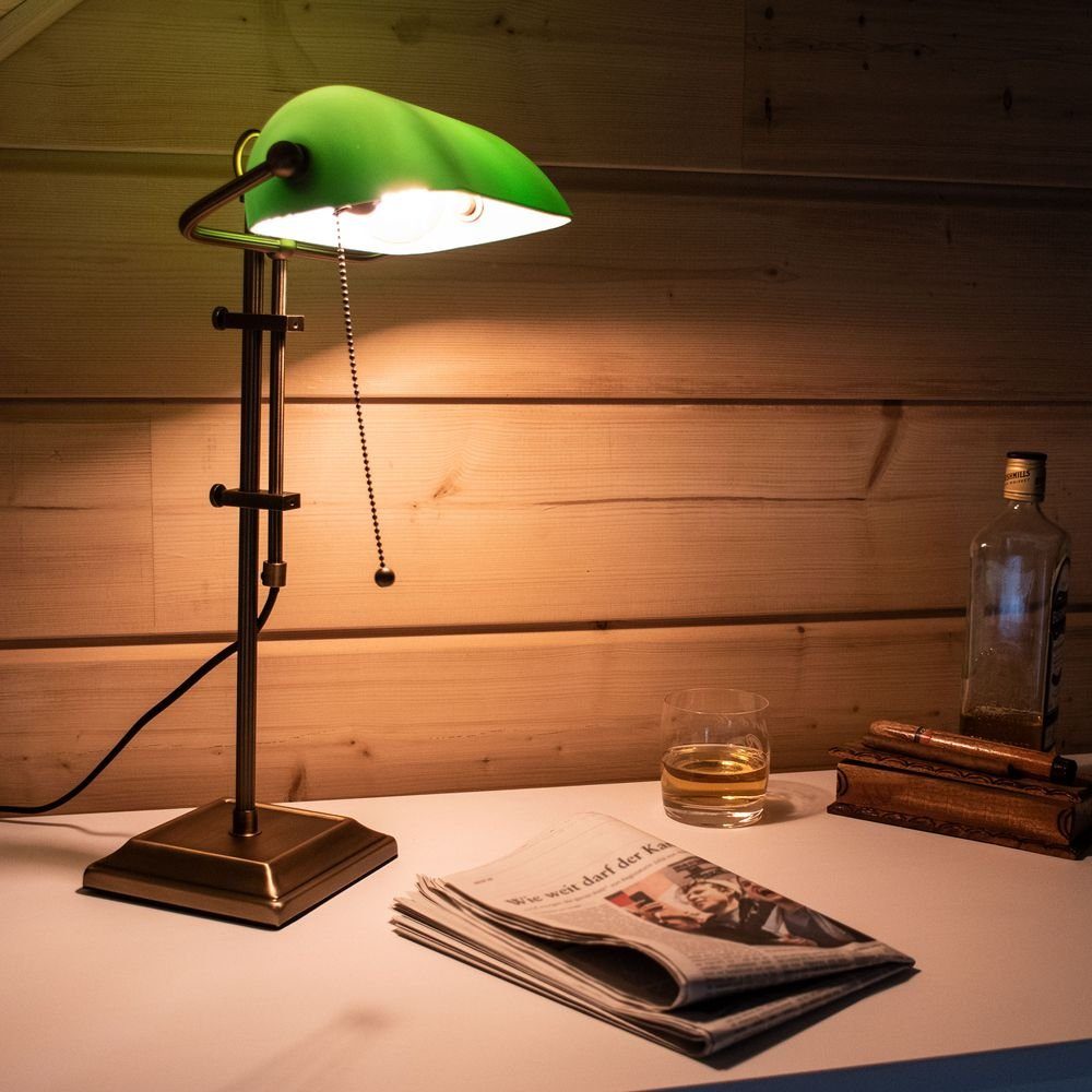 etc-shop LED Tischleuchte, Leuchtmittel inklusive, Warmweiß, Schreib Nacht Tisch Lampe bronze antik Glas Banker Leuchte grün im | Tischlampen
