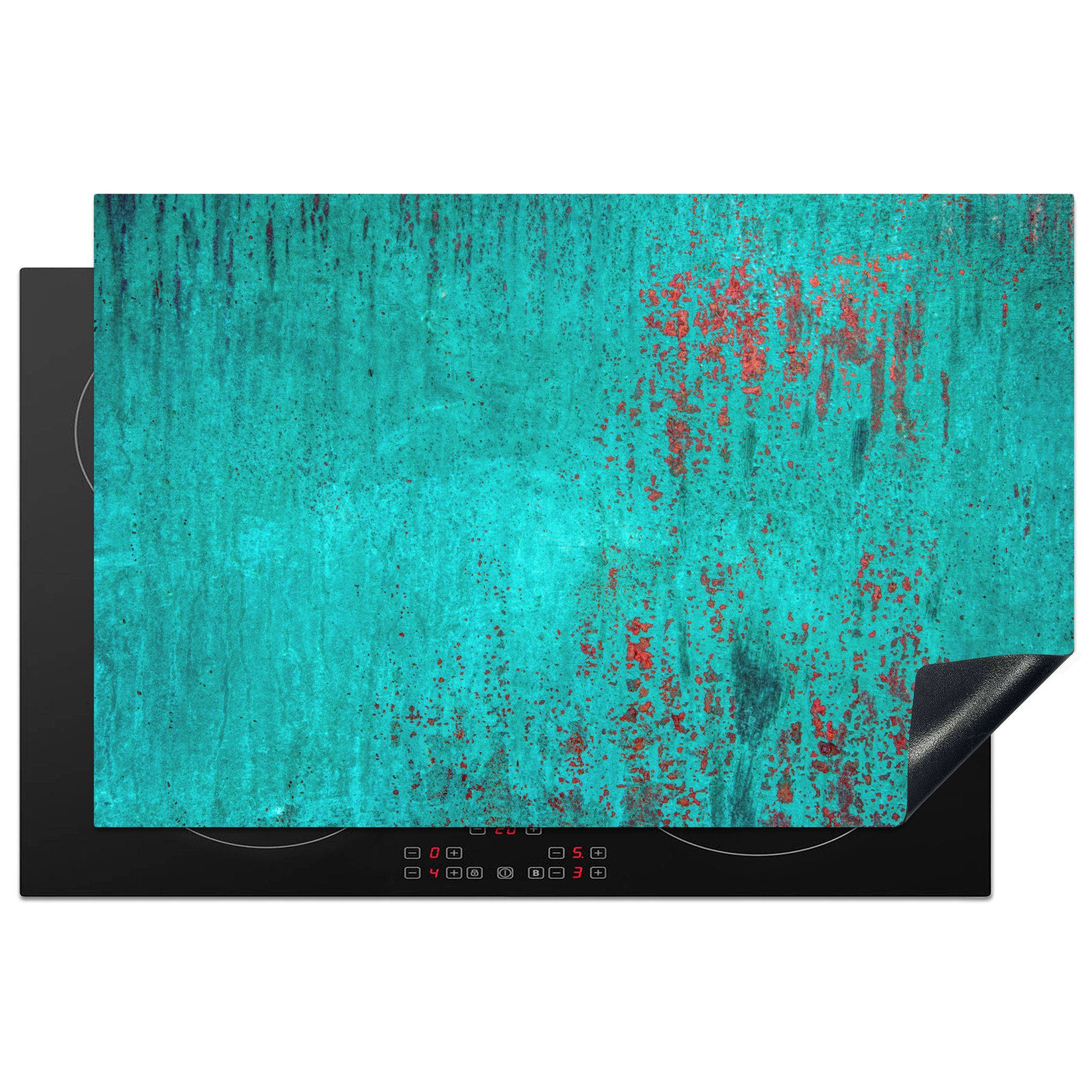 MuchoWow Herdblende-/Abdeckplatte Struktur aus Kupfer mit blauer Patina, Vinyl, (1 tlg), 81x52 cm, Induktionskochfeld Schutz für die küche, Ceranfeldabdeckung