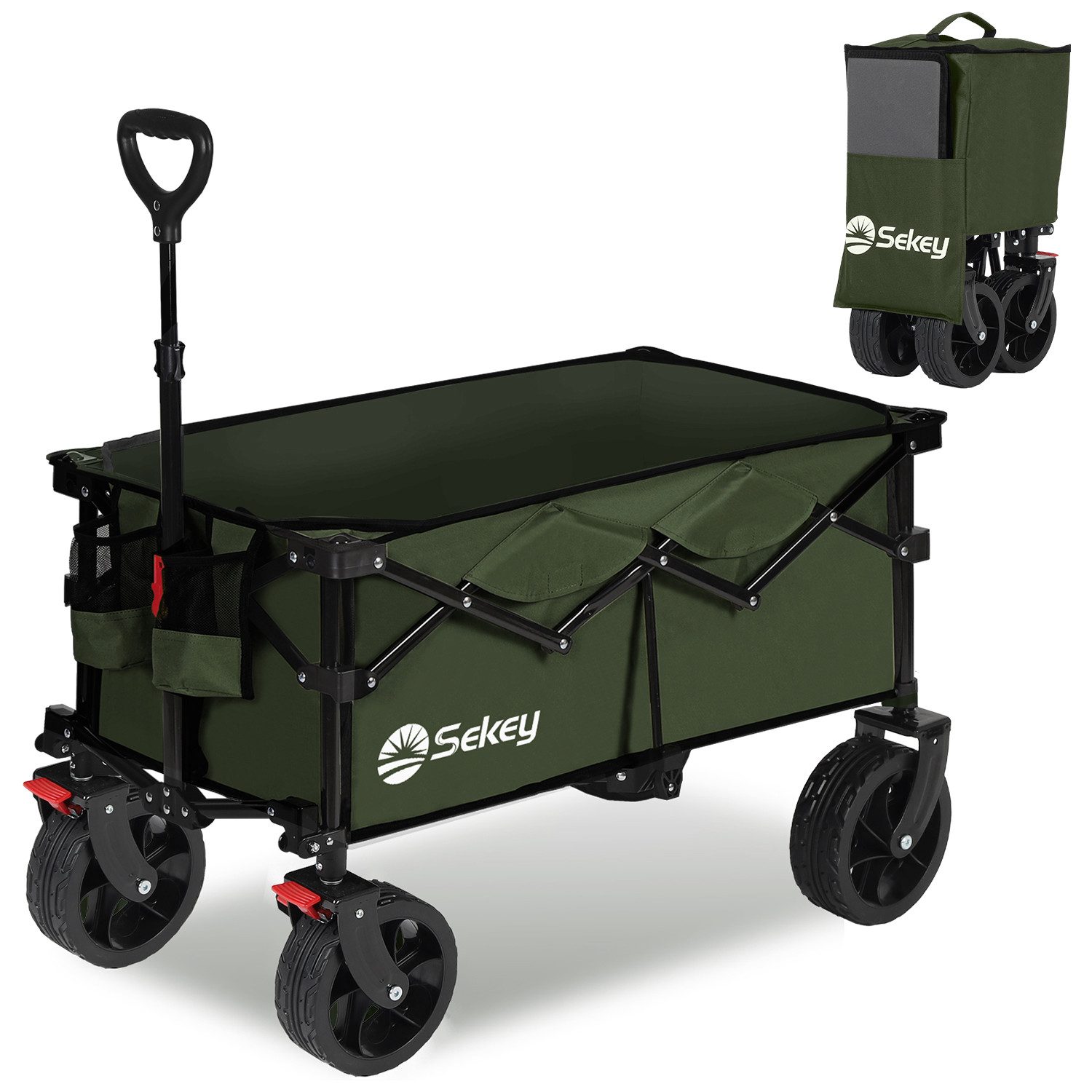 Sekey Bollerwagen 150 KG Bollerwagen Faltbar Handwagen mit Bremsen und breiten Reifen, Patentiertes, 4-fach zusammenklappbares Design, Kein Zusammenbau nötig