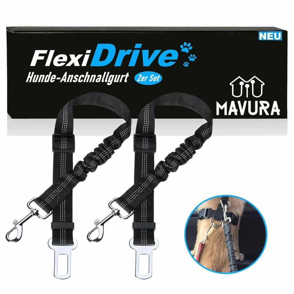 MAVURA Autohundegeschirr FlexiDrive Hunde Auto Sicherheitsgurt elastisch  verstellbar, KFZ Hundegurt mit Rückdämpfung schwarz [2er Set]