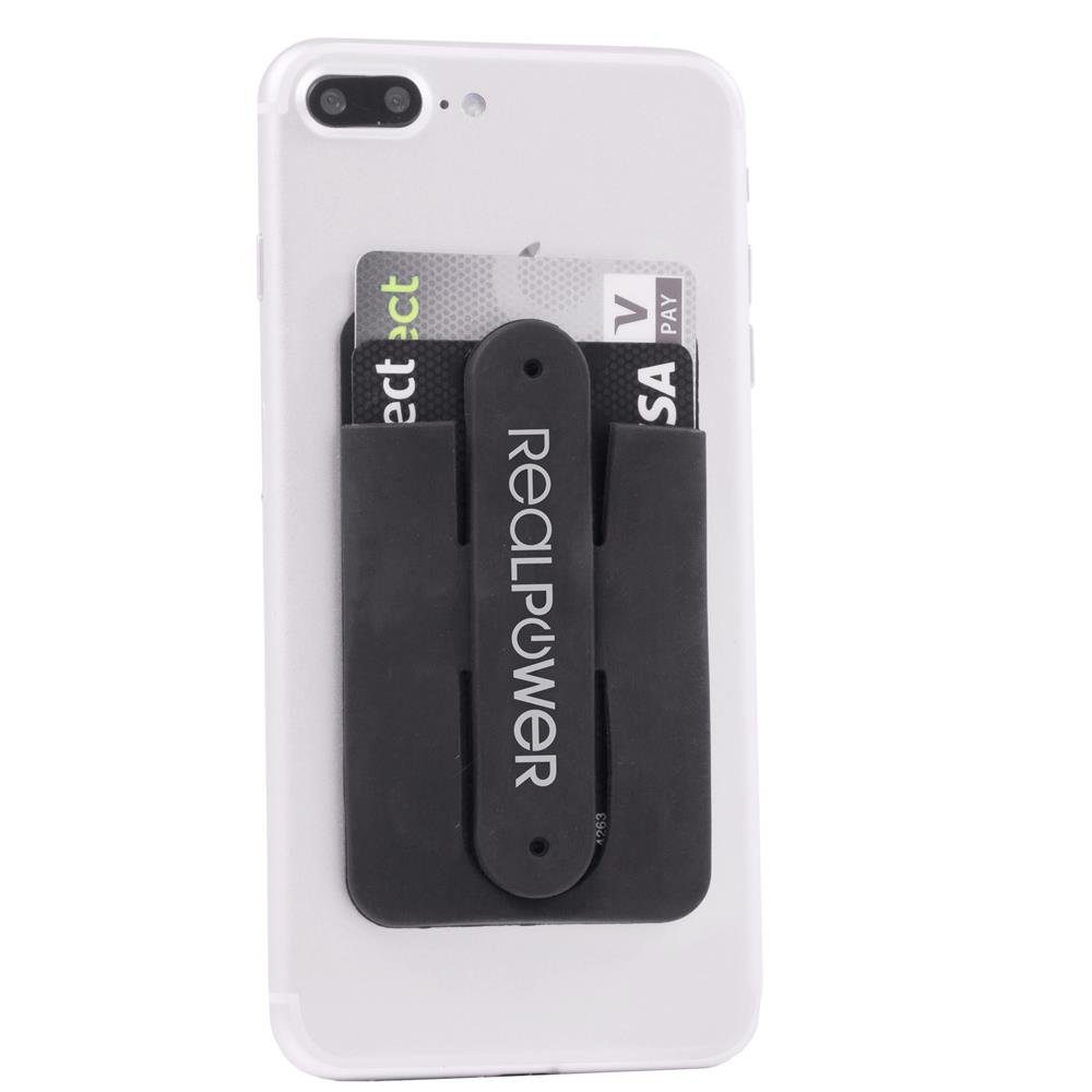 Realpower Smartphone-Halterung Smart Wallet, (Smartphone Ständer, Hülle, Kartenfach, Geldscheinfach, Ausweishülle / Ausweisfach für Handy, Smartphone, Ausweis direkt am Handy, Klebepad, Kartenetui, slim, flach, schwarz)