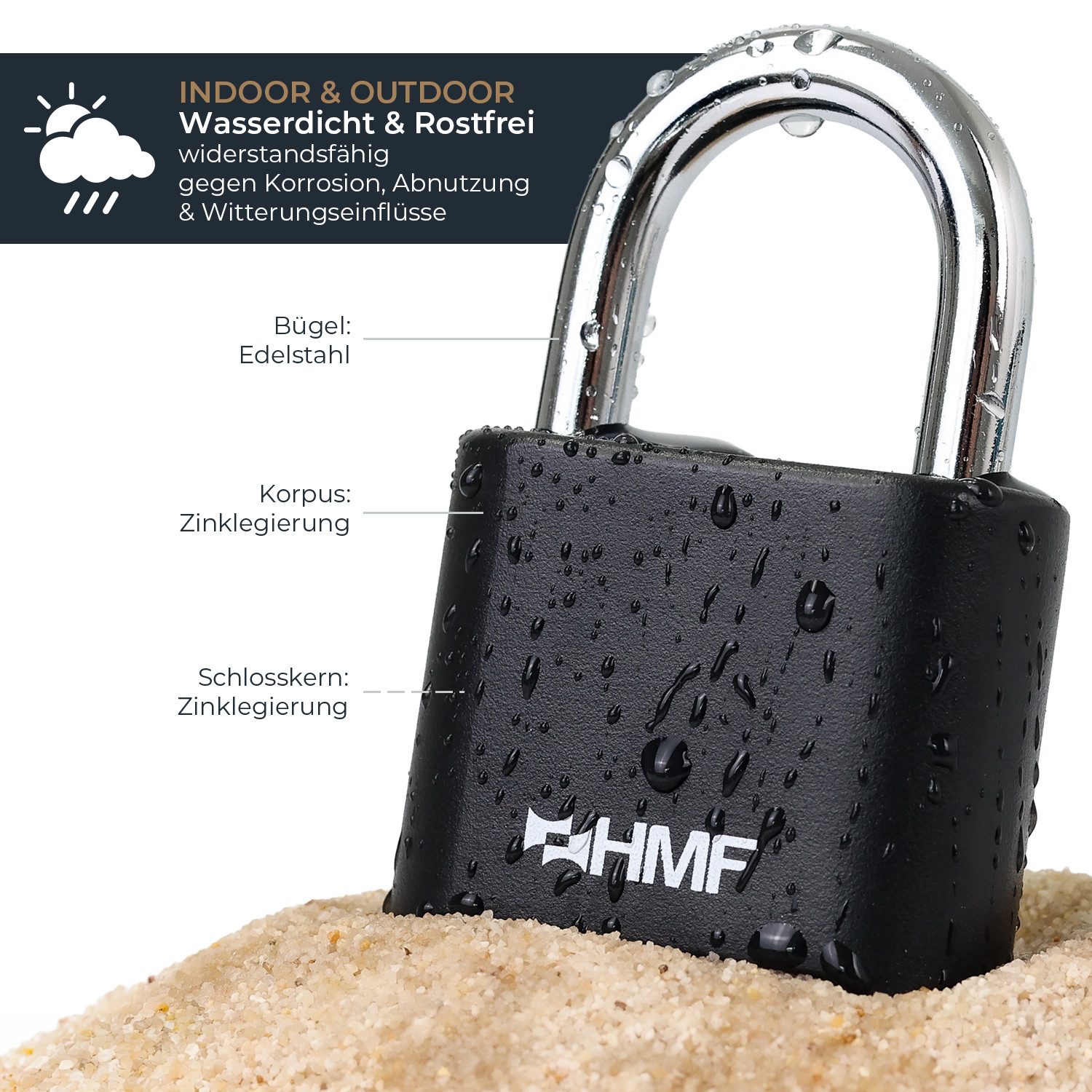 HMF Vorhängeschloss Zahlenschloss Vorhängeschloss, robustes Schloss mit 4-stelligem, Zahlencode aus Zinklegierung, 5,3 x 2,4 x 7,8 cm, Schwarz