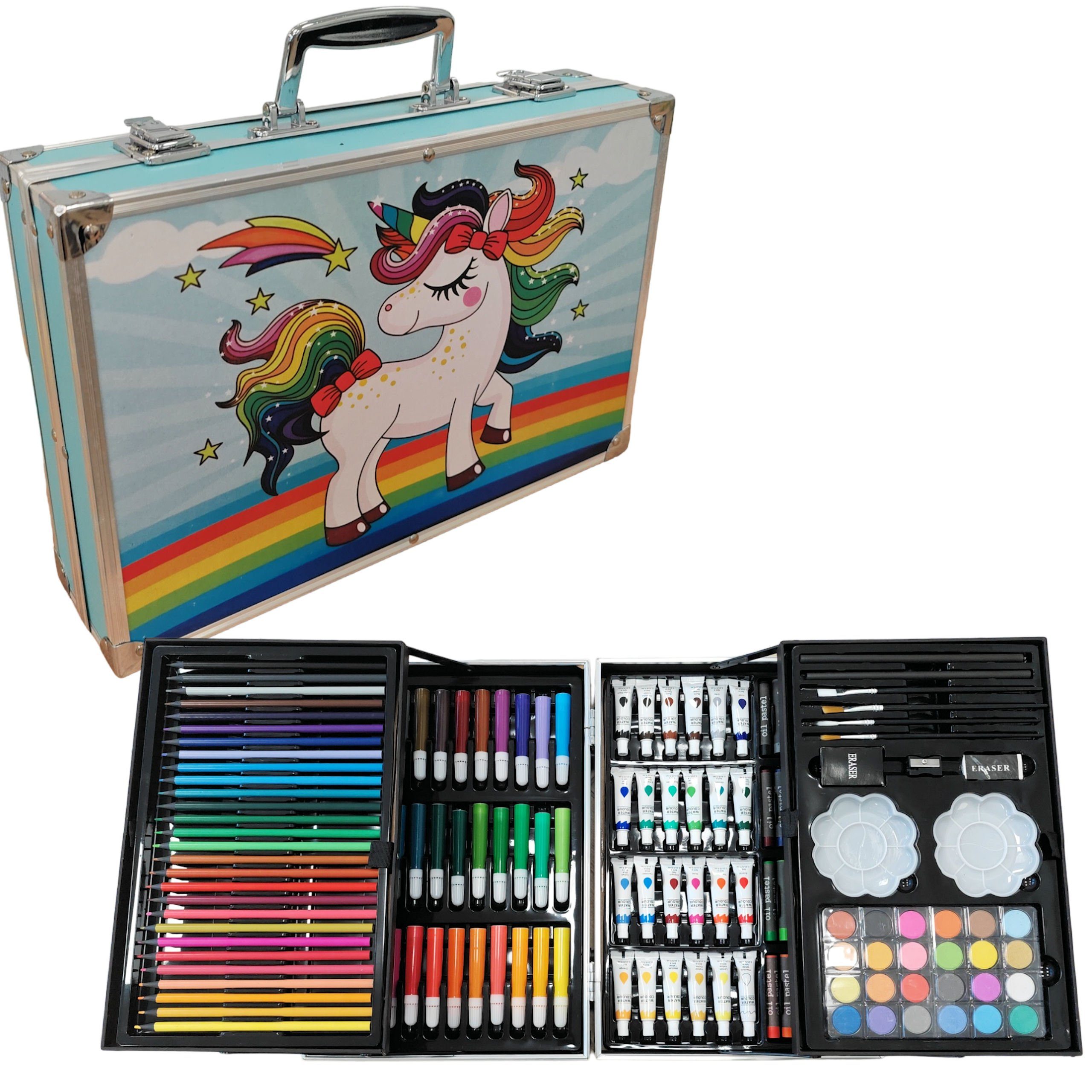 COIL Kreativset Künstlerkoffer, (mit hochwertigen Utensilien für Malerei & Zeichnen, 145-tlg., Set mit Pinseln, Farben, Карандашиn, Фломастерыn, Pastellkreiden), Praktischer Holzkoffer, inklusive Fächer, ideal für unterwegs