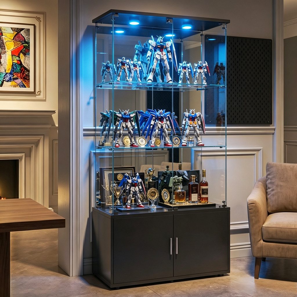 Simurq Glasvitrine Standvitrine aus Glas mit LED, Vitrinenschrank Schrank für Sammlung (Glas Vitrine mit 2 Glastür und 3 Lagen, Glasschrank mit Schloss) Vitrine aus Glas, perfekt für Sammler, Sammelvitrine